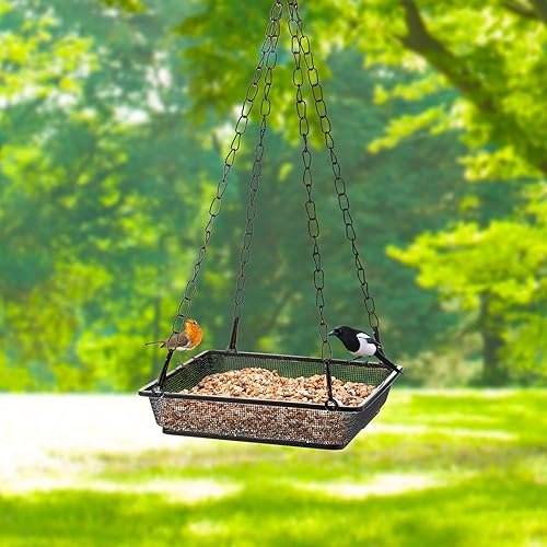 Miniatura 5 de Bandeja colgante de metal para comedero de pájaros, plataforma de malla para alimentar semillas con cadenas, decoración de jardín al aire libre para