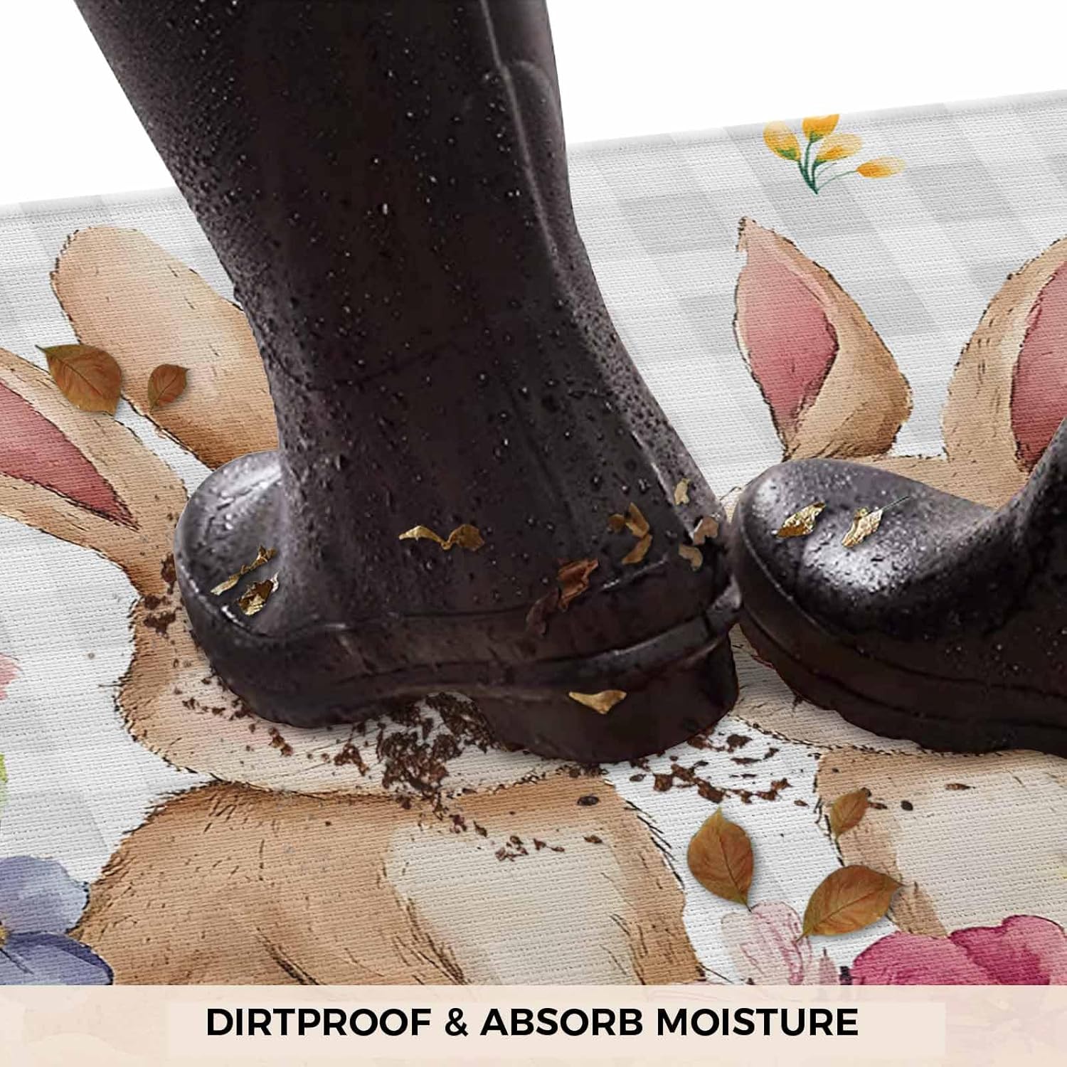 Spring Easter Doormat Rugs Outdoor/Indoor Bunny Eggs Non-Slip Entrance Welcome Matt for Front Door/Bathroom/Kitchen/Bedroom/Patio/Entryway Rugs Floor Mats,18"x30", Rabbit Flower Grey Buffalo Plaid