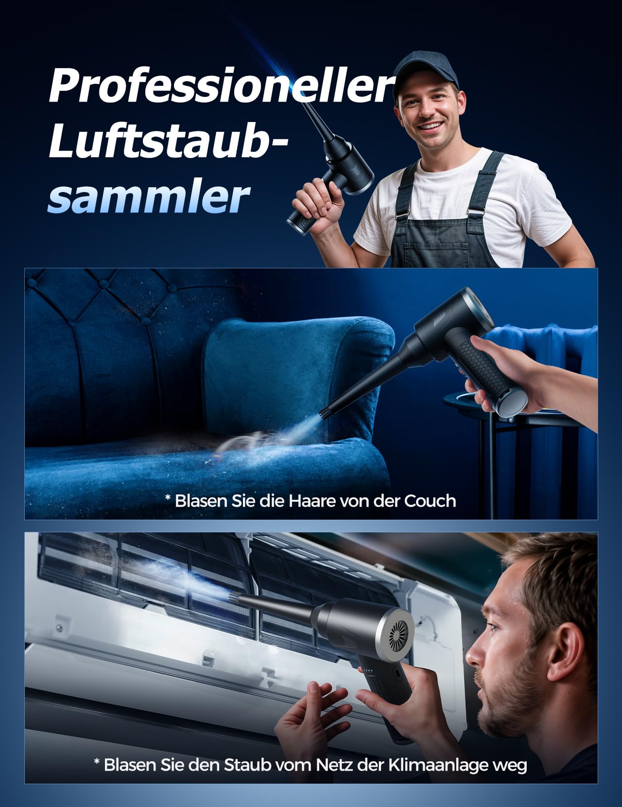 Druckluft Staubgebläse 100000 RPM 9000mAh Akku 3 Geschwindigkeiten PC Reinigungsset LED-Leuchten