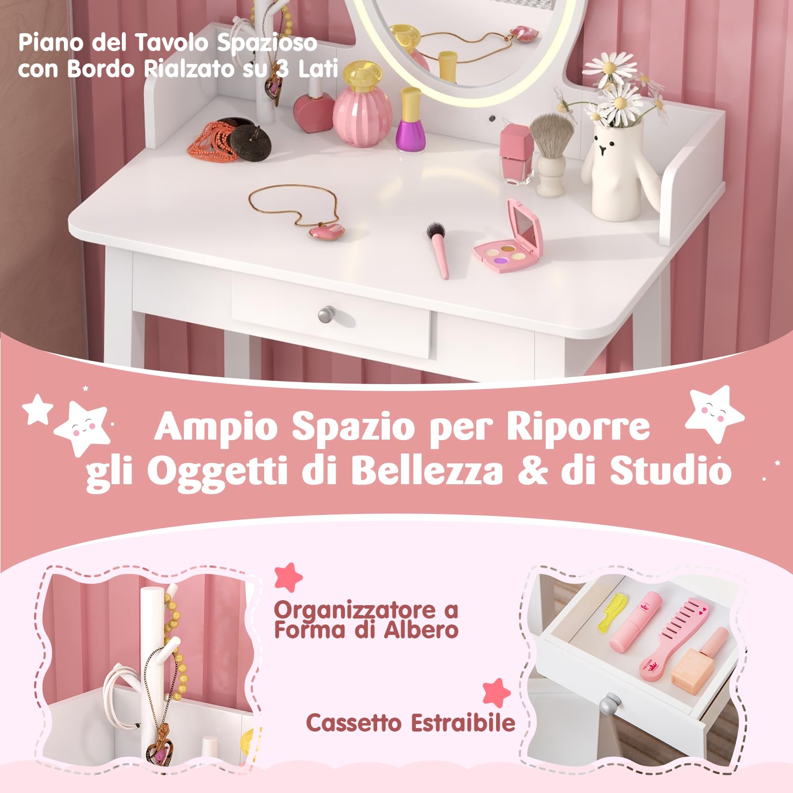 RELAX4LIFE Toeletta Trucco per Bambina con Luci LED, Specchiera Trucco con Sgabello, Toeletta in Legno, Specchio Rimovibile, per Bambini 3+ Anni (Bianco)
