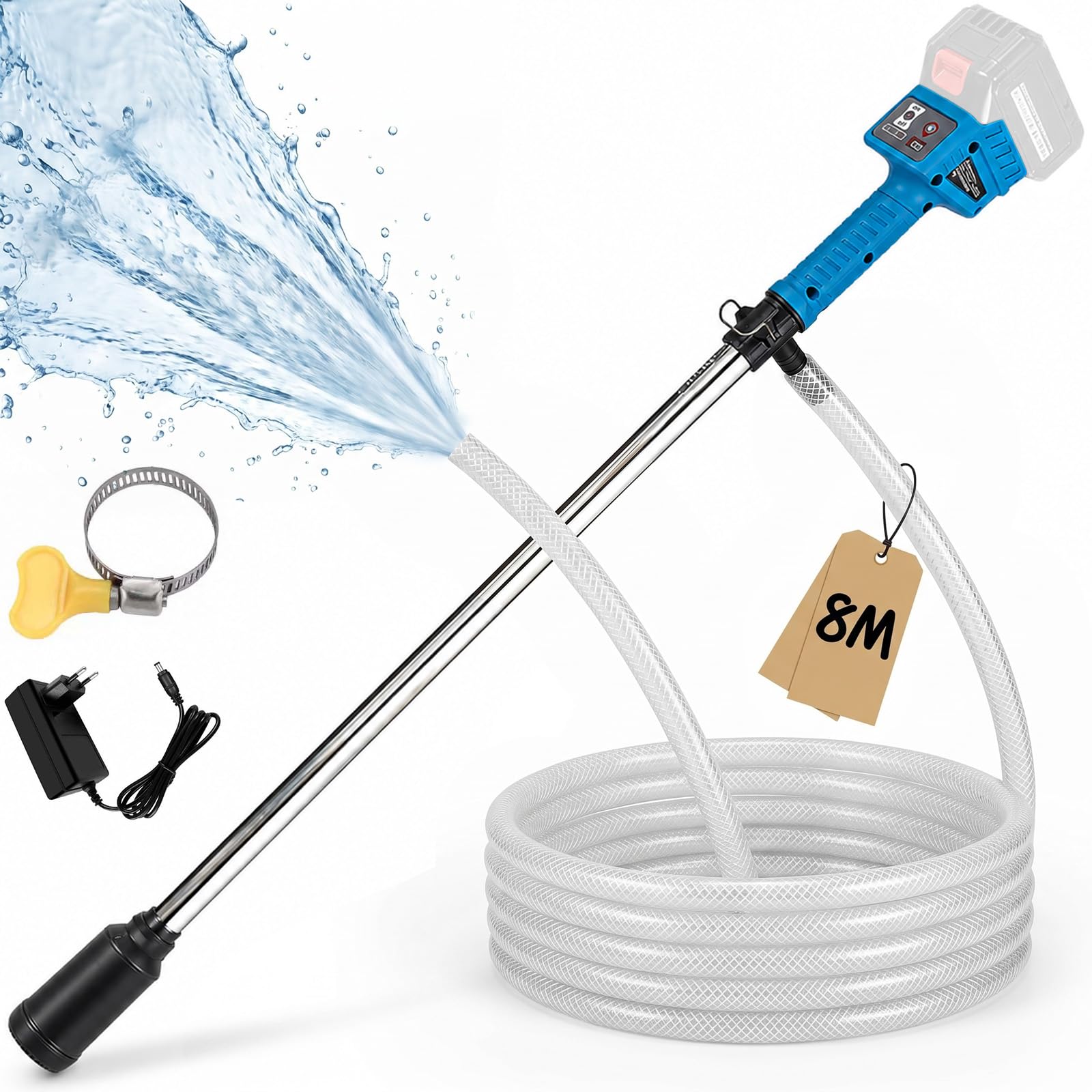 Akku Regenfasspumpe kompatibel mit Makita 18V – Regenfasspumpe mit 3000 L/h, 10 m Förderhöhe, 3-stufiger Durchfluss, 8 m Schlauch, abnehmbarer Schmutzfilter, für Garten Pool Regentonne (ohne akku)