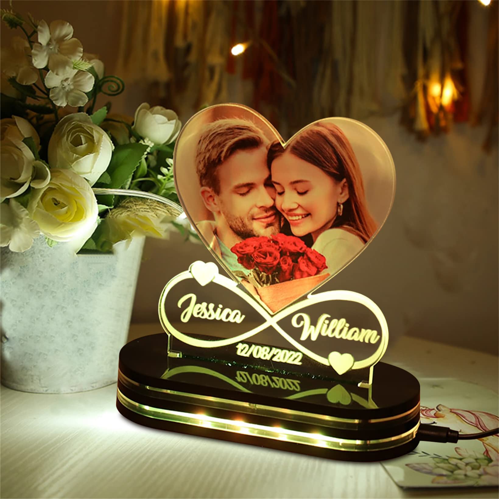 Luce Notturna 3D Rosa Di Cristallo Con Base LED Colorata - Regalo Romantico Per Fidanzata, Moglie, Mamma - San Valentino, Anniversario