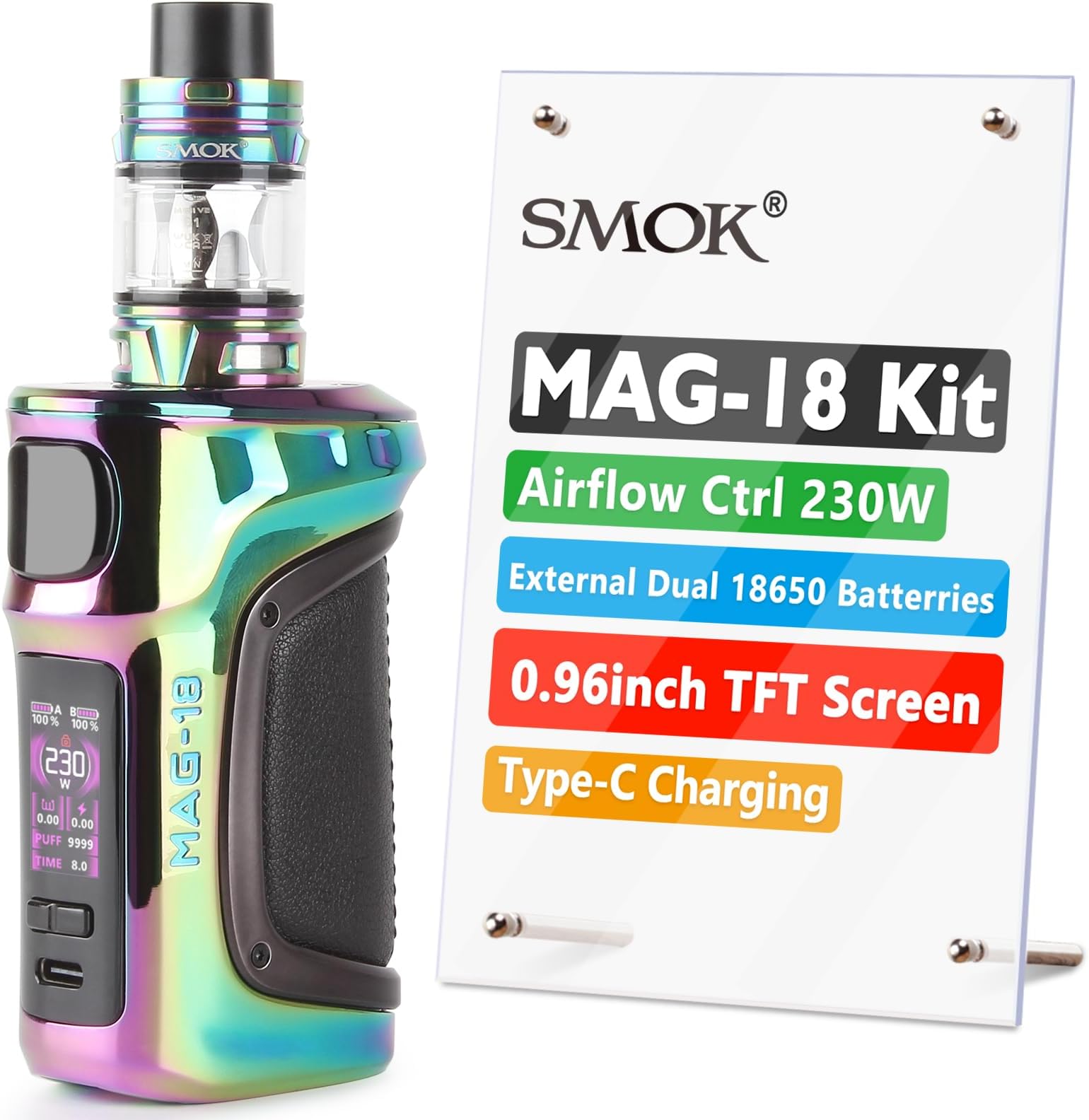 SMOK Mag-18 E Cigarette Vapes Starter Mod Kit, 230W Multi-Use Device, Colorful Screen, 2ml Tank, Uses Dual 18650 Battery(Not Included), Two TFV Mini V2 Coils, USB Type-C Charge, No Nicotine - Colorful