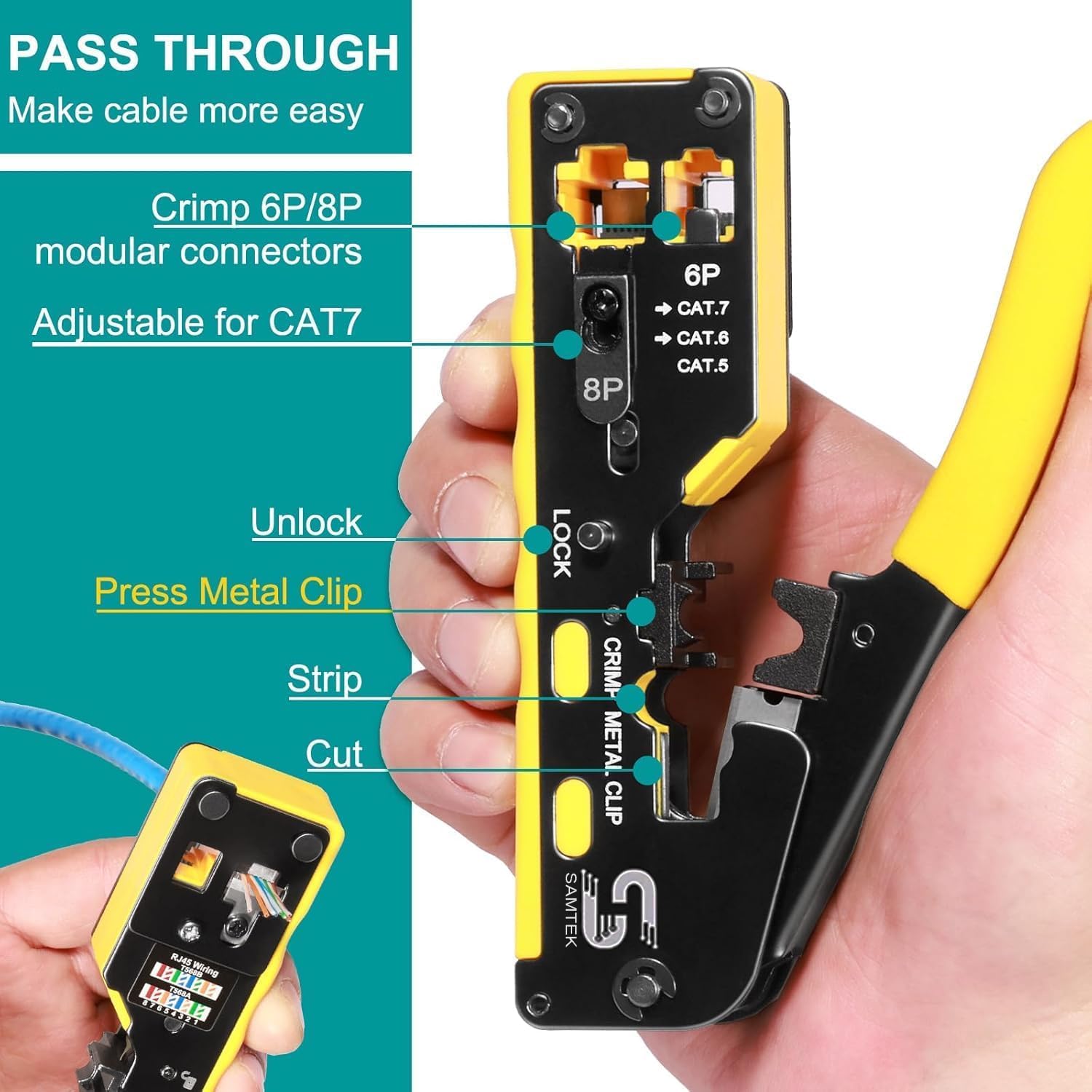 Pinza crimpatrice pass-through RJ45 con tester per cavi, crimpatrice Ethernet per connettori Cat5, Cat5e, Cat6, spellafili per cavi di rete, strumento di crimpatura per installazione LAN e riparazione