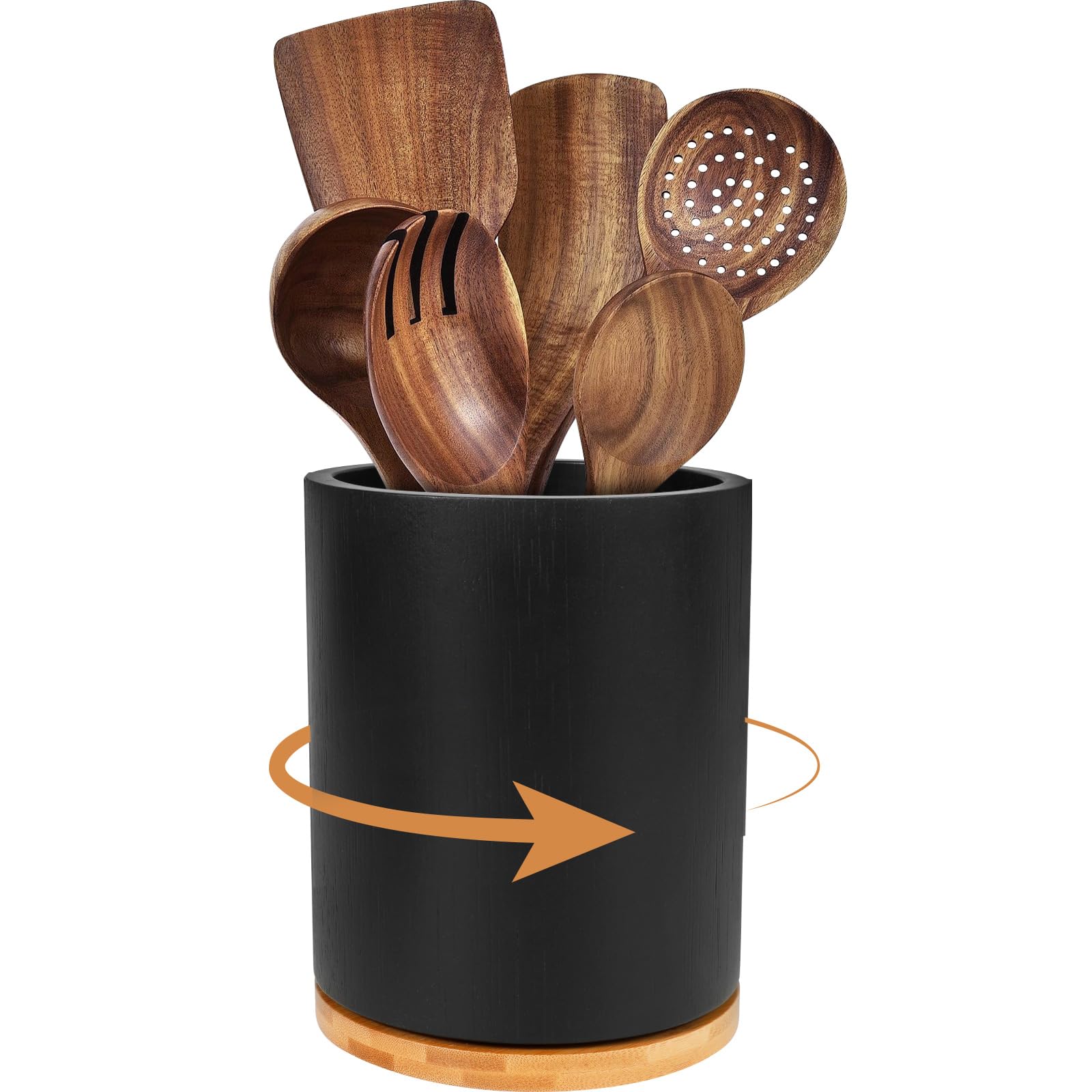 Cbwerbb Black Wood Utensil Holder,7.3" Large Utensil Crock Cutlery Organiser,360° Rotating Countertop Storage Caddy Cooking Tool Organizer For Spatulas,Spoons & Whisks,Modern Farmhouse Kitchen Decor (Black)