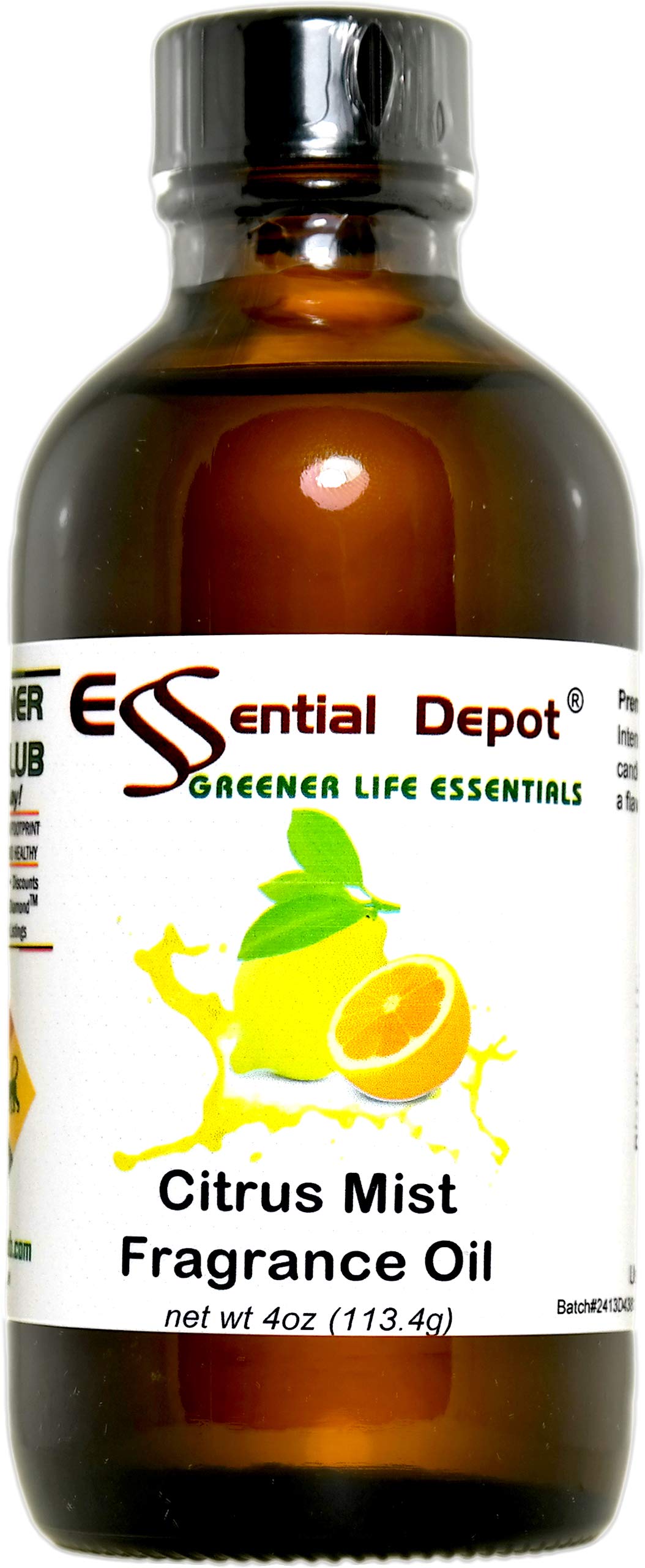 Citrus Mist Fragrance Oil - 4 oz - Supplied in 4 oz. Amber Glass Bottle with Black Phenolic Cone Lined and Safety Sealed Cap