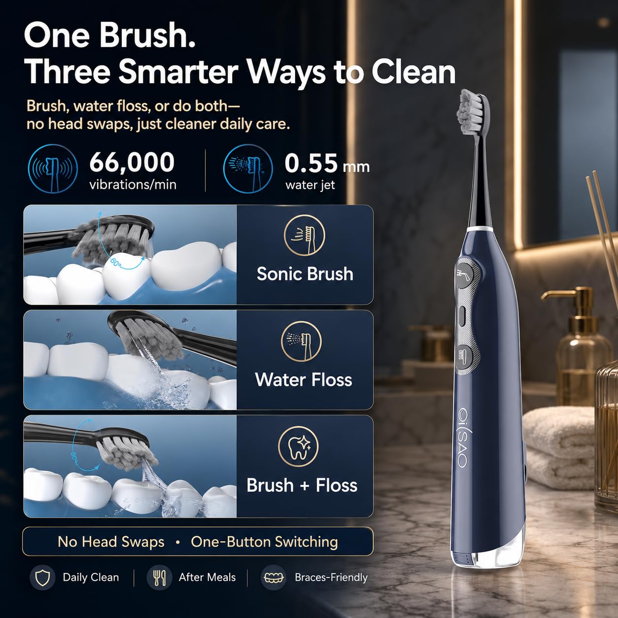 Pro - Cepillo de dientes eléctrico sónico todo en uno con hilo dental de agua, vibración de 60°, 5 cabezales de cepillo, 3 modos, batería de 30 días, para cuidado sensible de dientes y aparatos