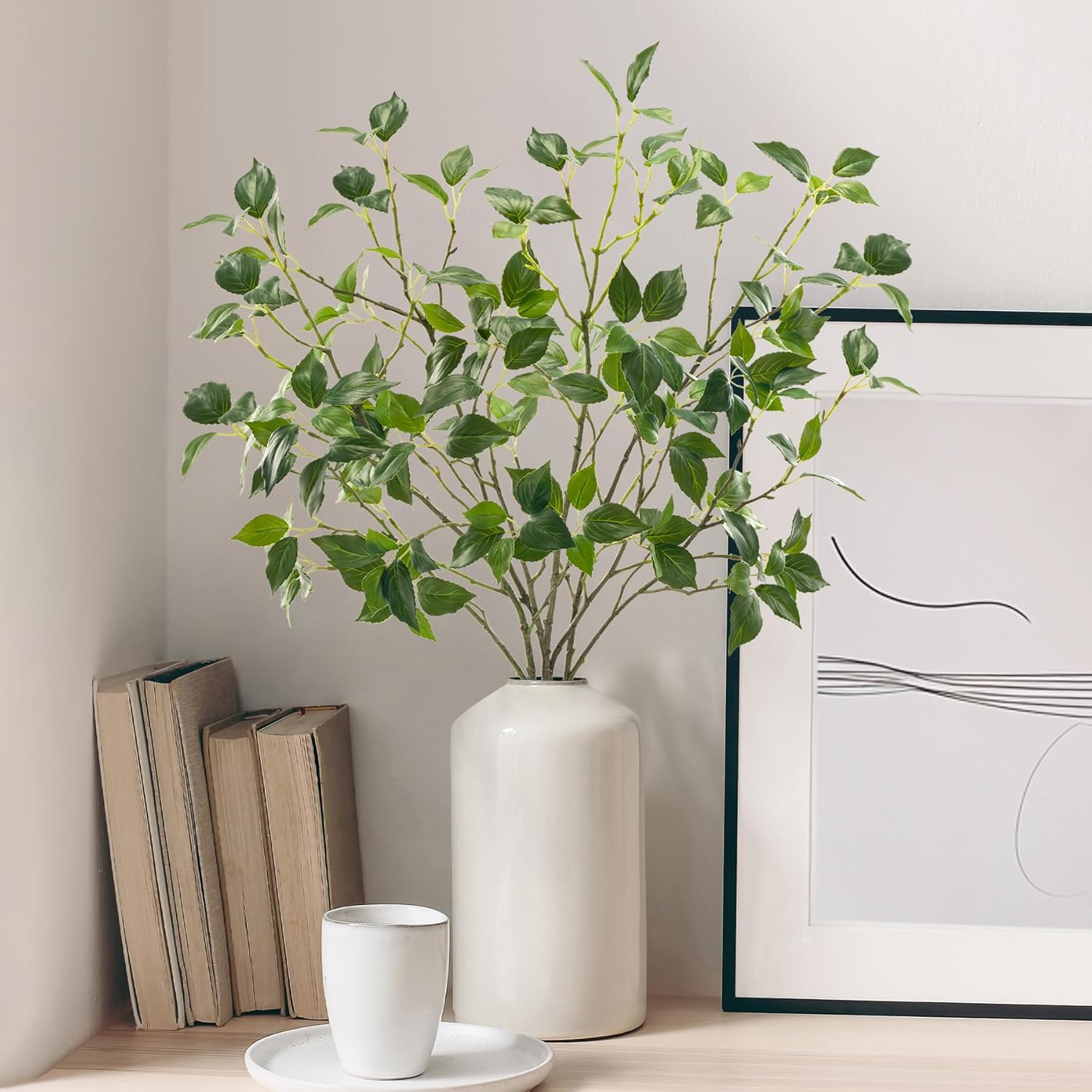Artificial Plants Greenery Eucalyptus Stems Branches Plant for Home Decor，Faux Rustic Ficus Leaf Floral for Indoor Table Bathroom Bedroom Kitchen Decoration,Real Plastic Eucalytus Wedding Dcor（4PCS)