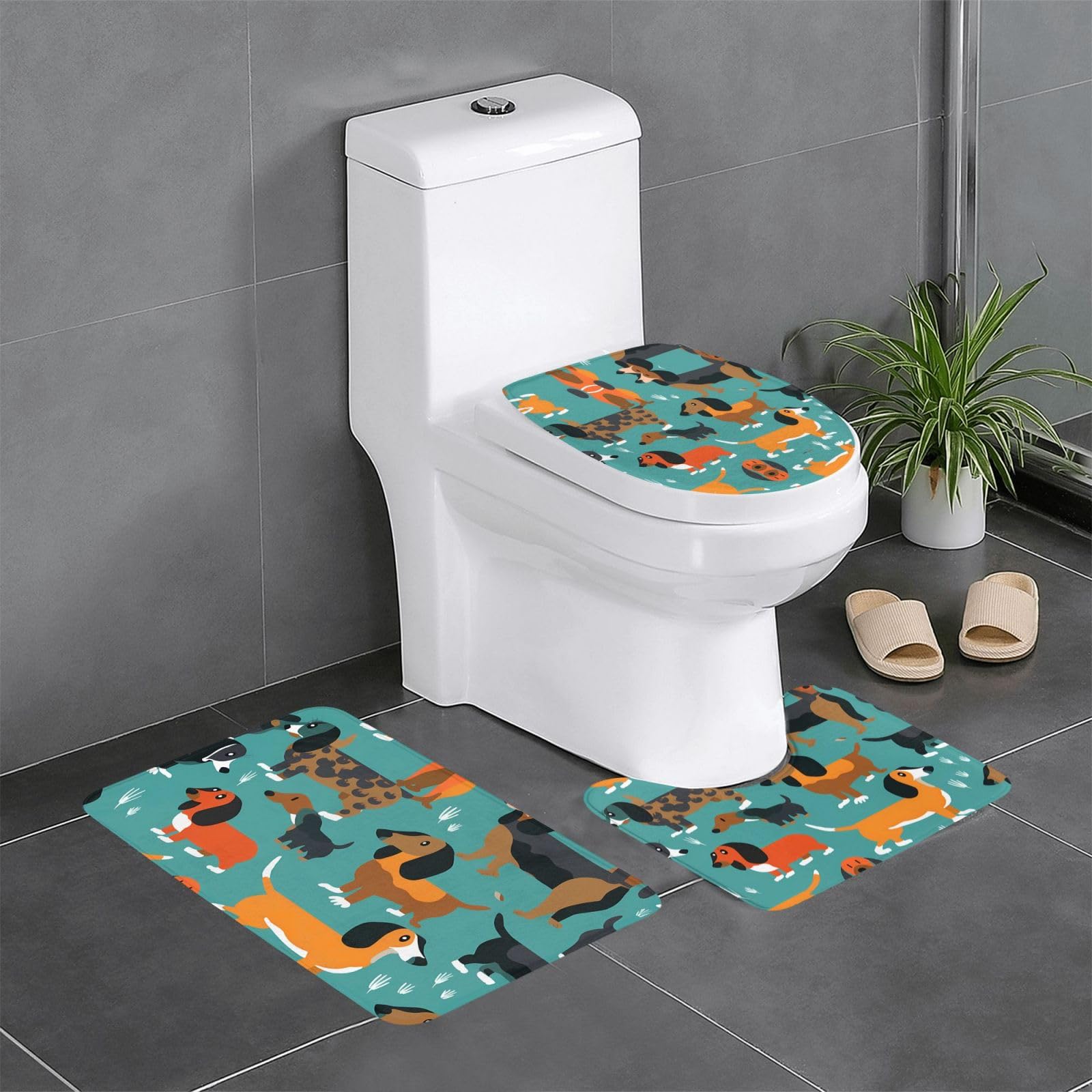 Tapis de salle de bain teckel (lot de 3) antidérapants pour toilettes et lavabo 61x40 cm