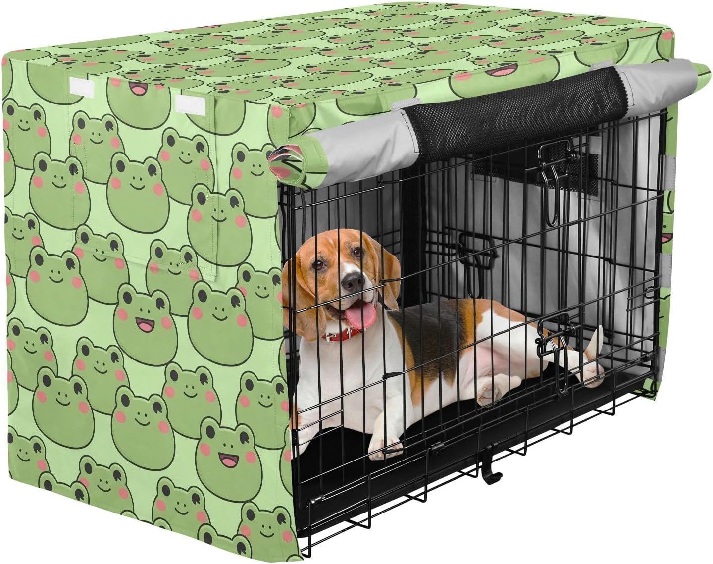Kawaii Frogs Dog Crate Cover 600D Oxford Pet Kennel Cover with Mesh Window for Dog Cages, Windproof Waterproof Machine Washable, 42"x28"x30"