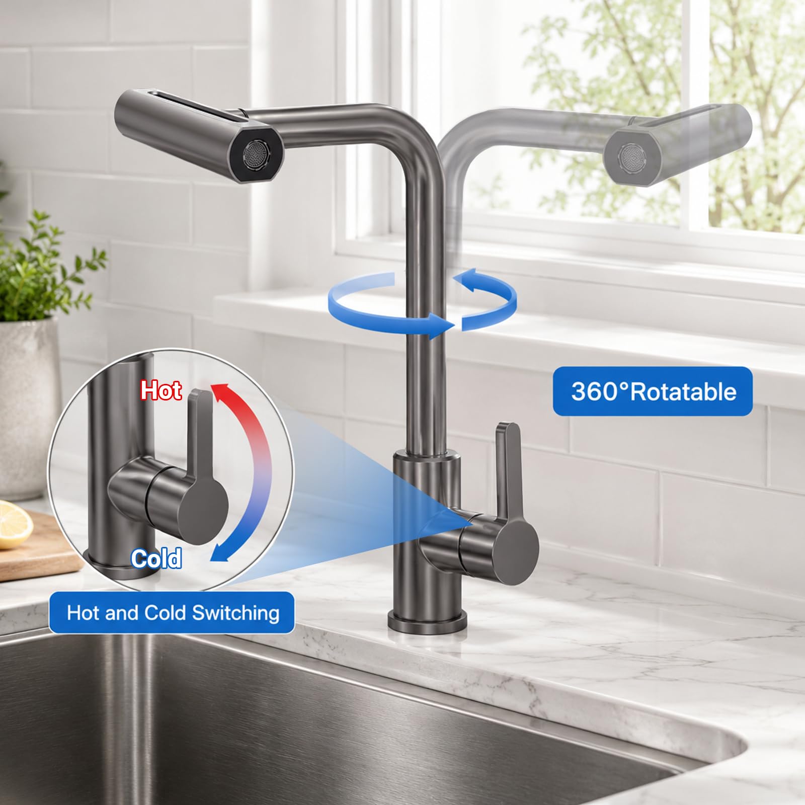 Grifo de cocina extraíble, grifo de cocina con ducha extraíble de 4 modos, caño giratorio 360°, cabezal de ducha extraíble, mezclador de alta presión de acero inoxidable 304 para agua fría y caliente