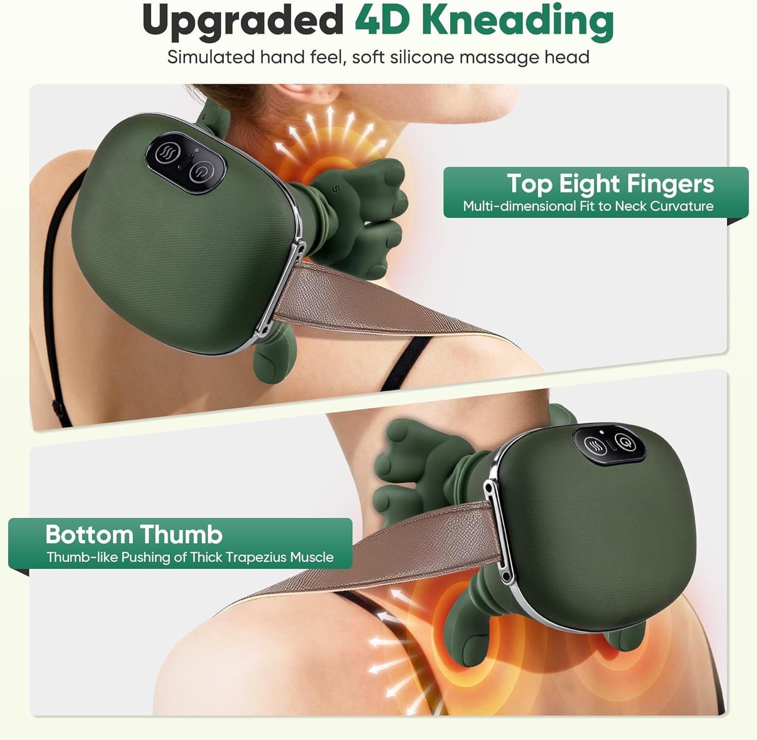 Neck Massager with Finger Kneading, Deep Tissue Neck & Shoulder Massager, 4D Palm-Kneading Massage with Heat, Wearable Strap, Gentle Warmth for Stress & Tension Relief