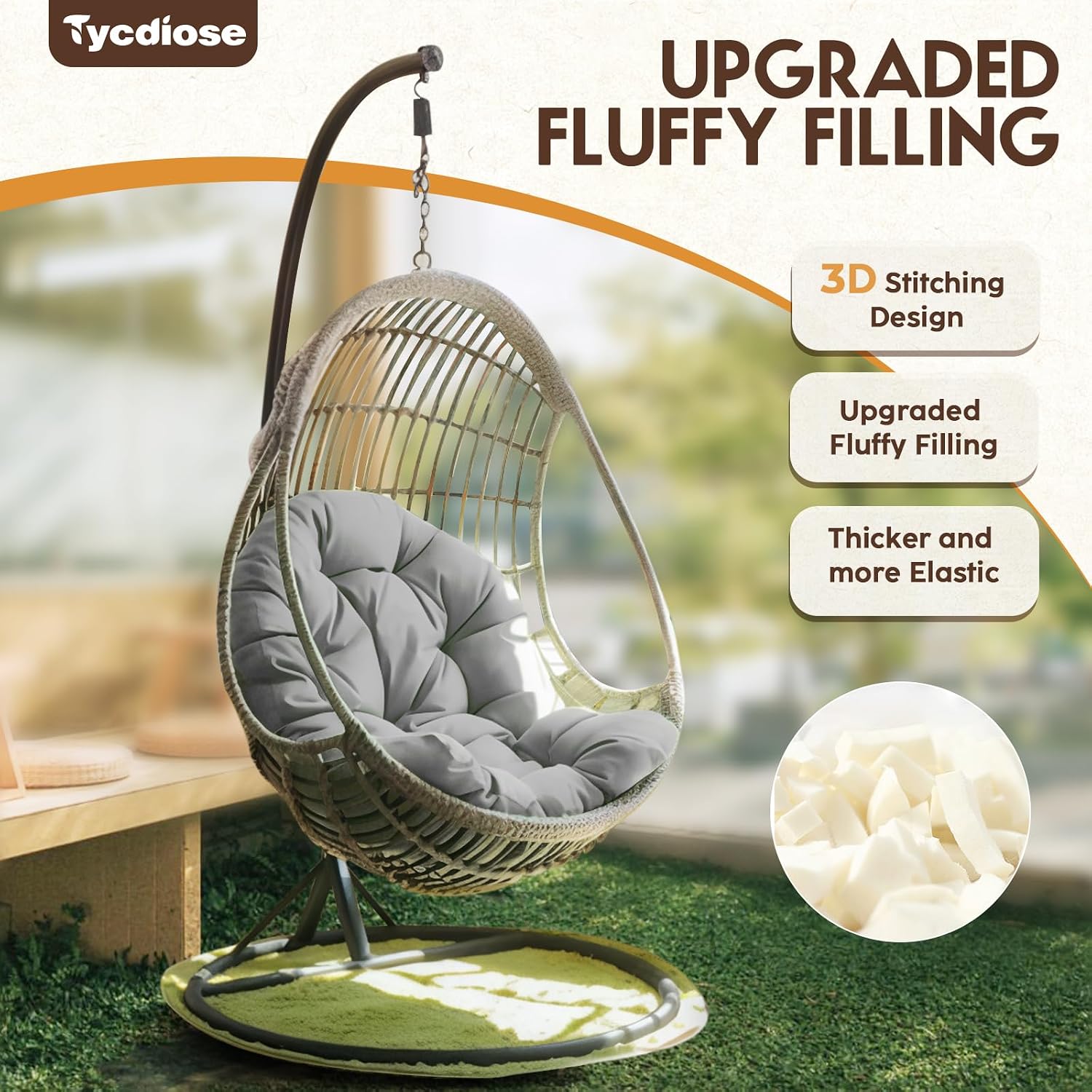 Egg Chair Cushion Replacement, Waterproof Outdoor Hanging Egg Swing Chair Cushions Pads, U-Shaped Thickened Cushions for Hanging Eggs Chair with Ties, 47x33x7 Inches (Grey)