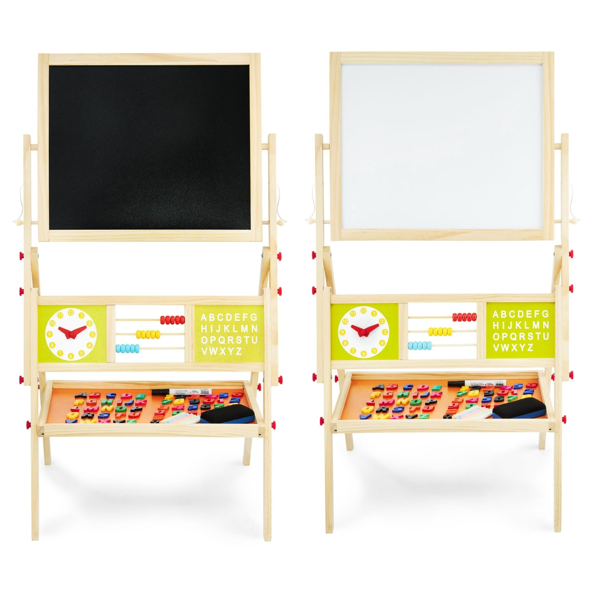 Mamabrum Pizarra Infantil Magnética 2 Caras con Estante - Pizarra Blanca y de Tiza con Accesorios, Ábaco y Reloj - Magnetica Infantil de Madera 98 x 45cm para Aprendizaje