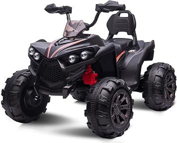 OTTARO Ride on ATV 2 Seater, 12V 4 Wheeler Electric Quad for Kids 3-8 w/ 17" Length Seat, LED Lights, 2 Speeds, Soft Braking, Rear Pedal & Backrest Black