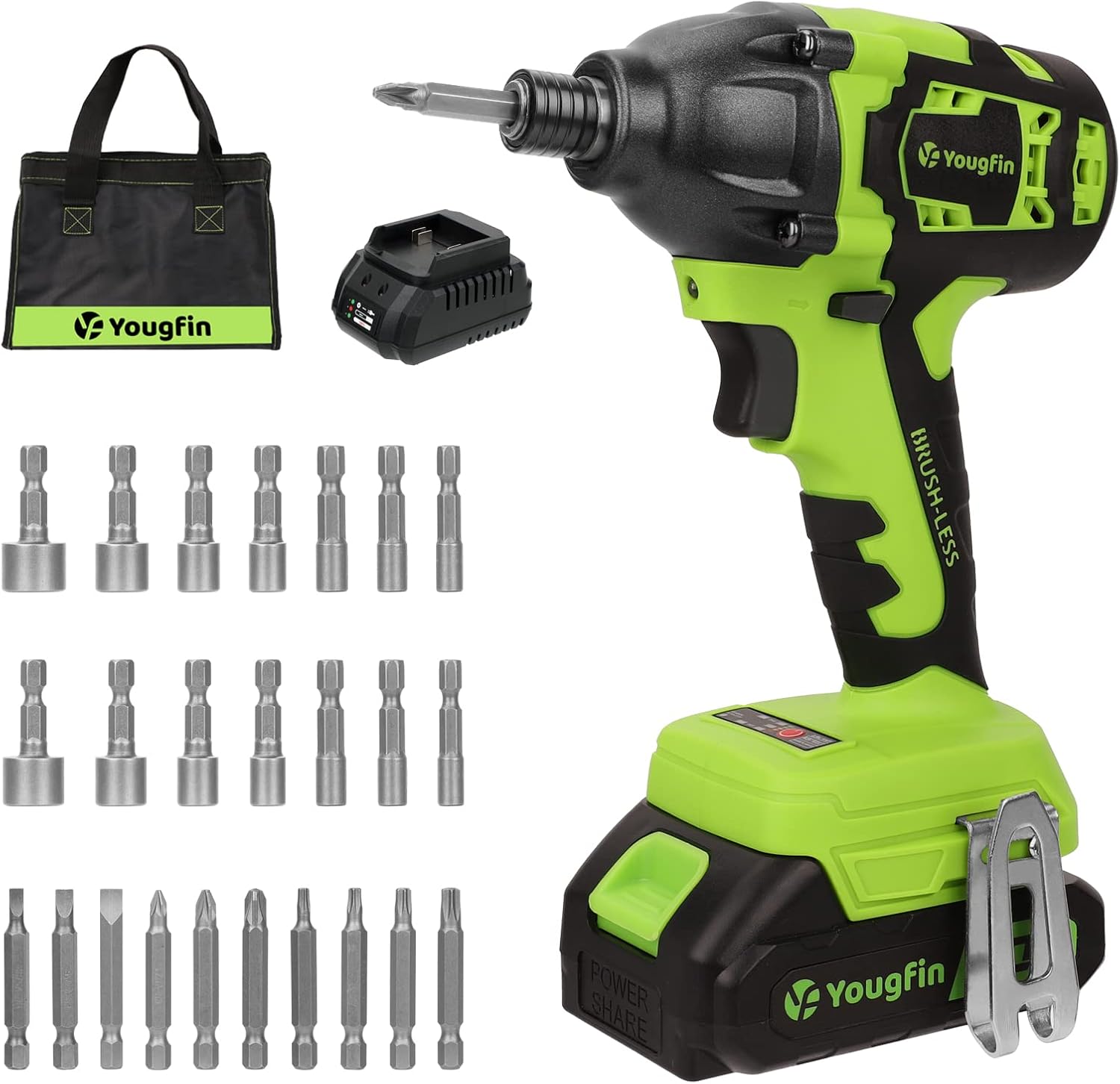 YOUGFIN Impact Driver, 20V Max 1/4" Hex Impact Brushless Cordless Tool Kit 230N.M, 2 Variable Speed, LED Work Light, 2.0Ah Lithium Battery, Fast Charger, 24pcs Driver Bits & Sockets with Tool Bag
