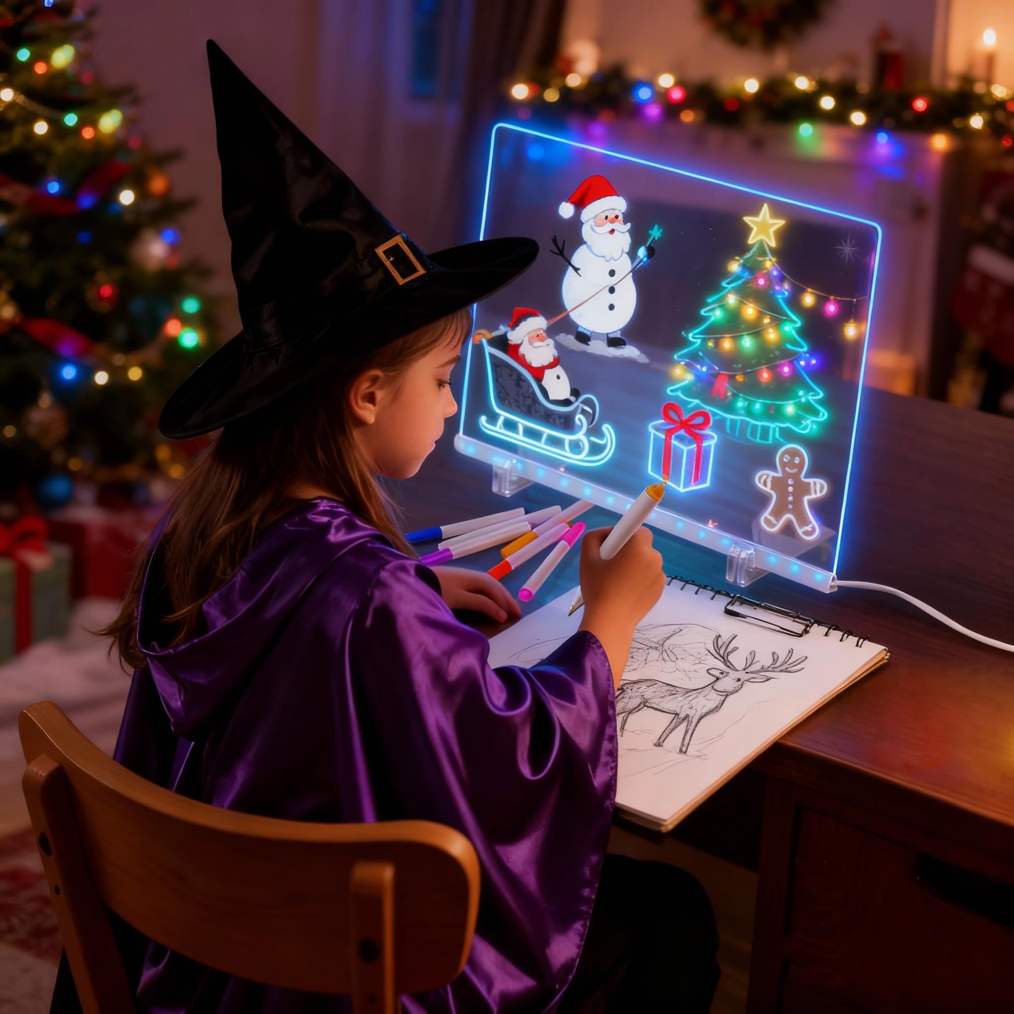 Tablero de notas LED con colores, tablero acrílico de borrado en seco incluye adaptador, cadena colgante, tablero de dibujo LED para niños con soporte, 7 marcadores, botella de spray 3