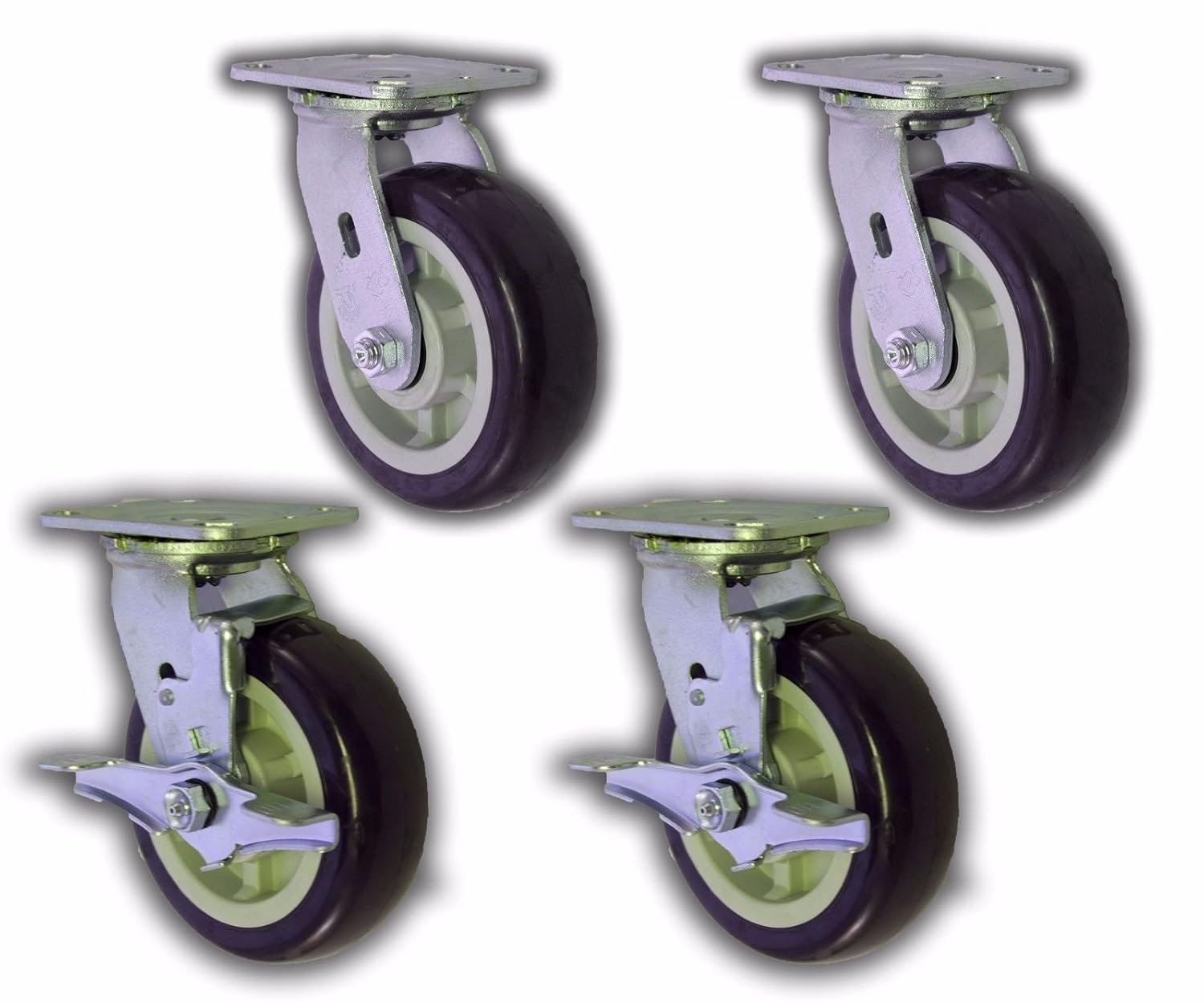 6 x 2 Swivel Plate Caster w/Blue Polyurethane Wheel & 2 with Side Brakes 4000# - 4 Pack