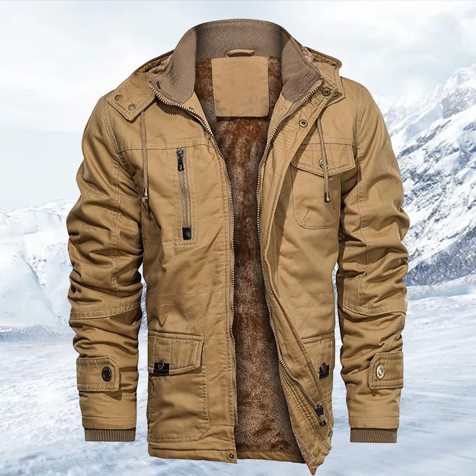 Generico Giacca Casual Maniche Lunghe Cappuccio Foderata Spessa Ideale Sport Autunno Inverno Abbigliamento Maschile (Khaki, XXL)