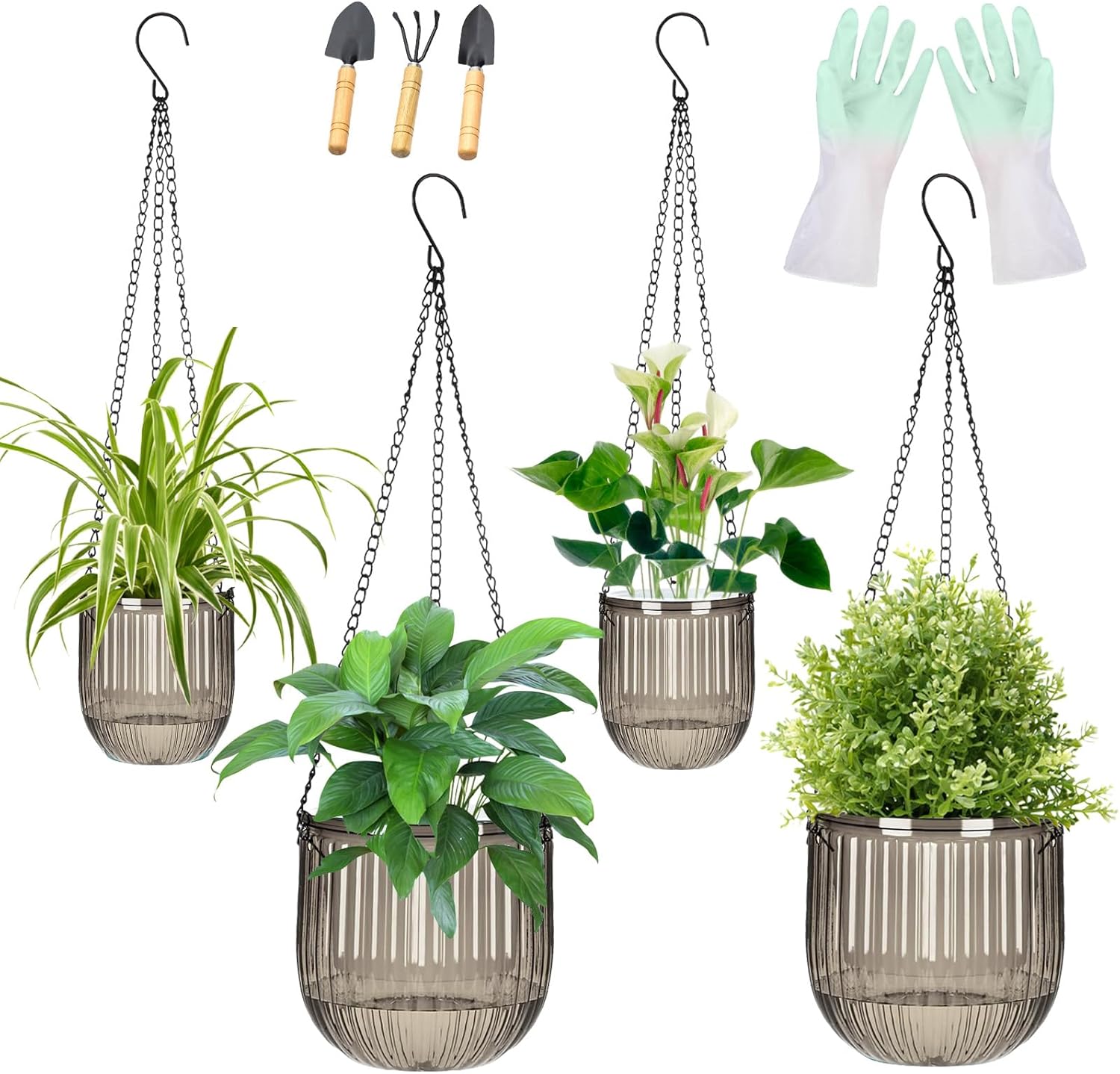 4 Pack Self Watering Hanging Planters with Drainage Holes –Hanging planters for Indoor Plants, Flowers, Succulents – Lightweight, Durable Hanging Baskets Green