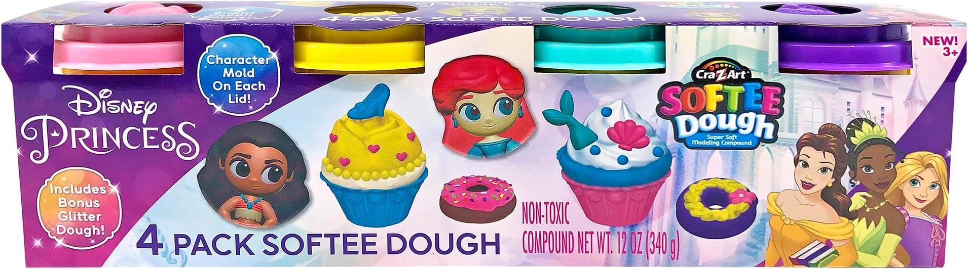 Cra-Z-Art Disney Princess 4 Pack Softee Dough with Princess Character Molds on Each Lid Ariel, Belle, Moana and Rapunzel, and Includes Bonus Glitter Dough, Creative Play Dough Gift, Ages 3 and Up