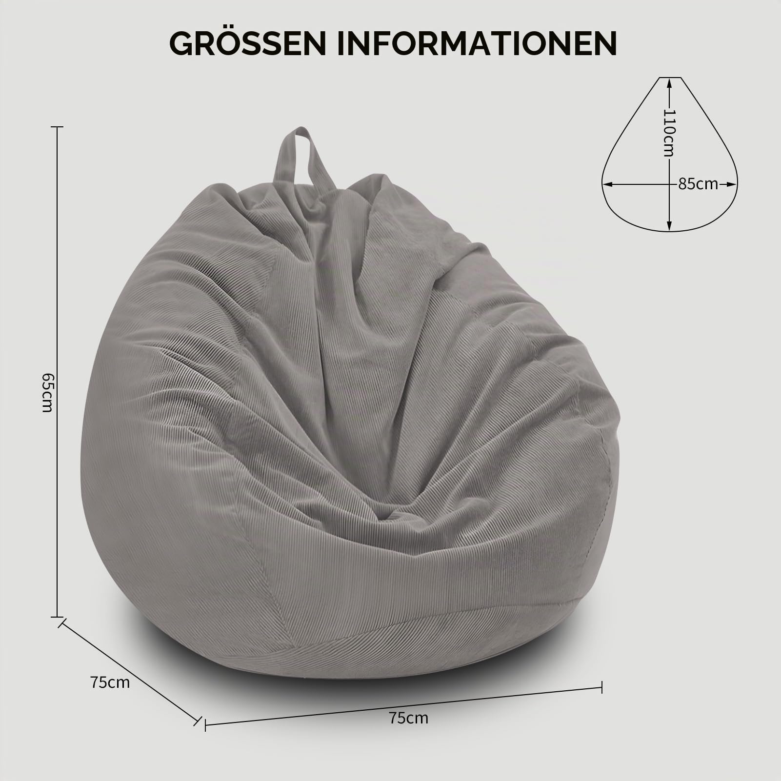 Sitzsack/Stuhlbezug, Kord, weich, Stofftiere, Aufbewahrung, Sitzsack, Sofabezug für Kinder, Erwachsene, Haustiere, Hunde, Katzen (hellgrau)