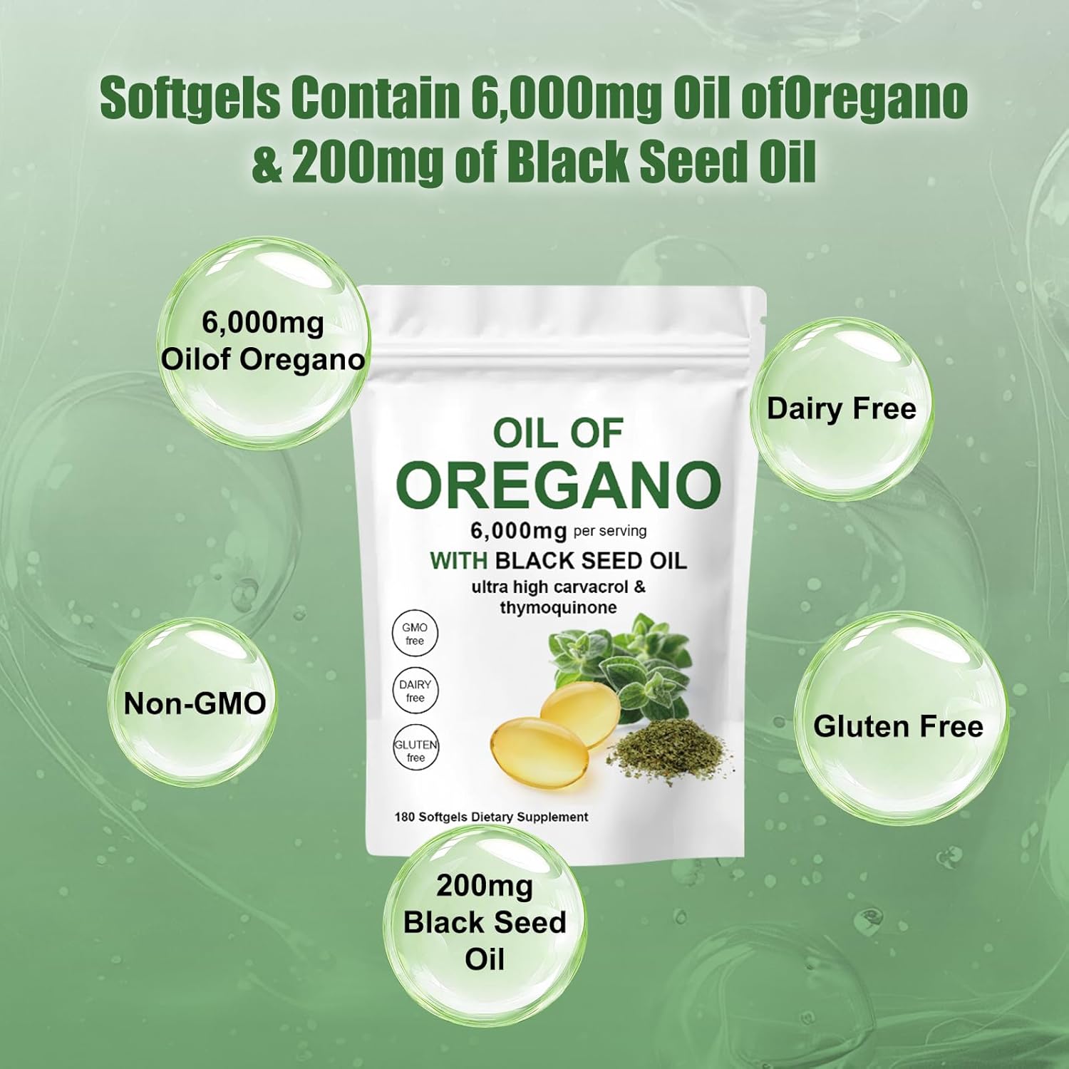 Oil of Oregano Softgels,2 in 1 6000 mg Oil of Oregano with Black Seed Oil Organic Capsules, Potent Carvacrol & Thymoquinone,Gluten Free,Non-GMO-180count
