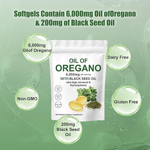 Miniatura 2 de Aceite de orégano con aceite de semilla negra, 180 cápsulas de aceite de orégano 2 en 1, 6000 mg de aceite de orégano con aceite de semilla negra,