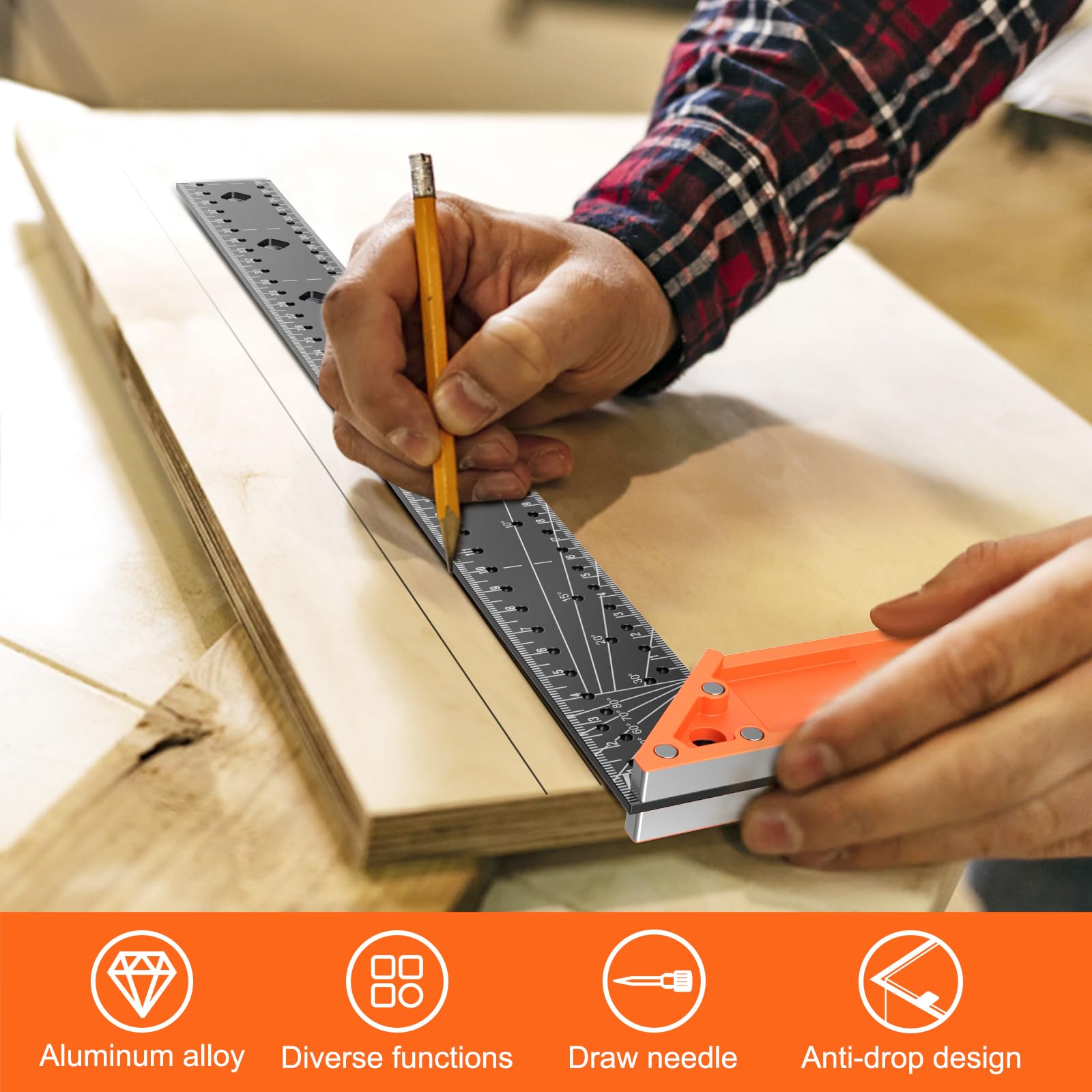 Preciva Équerre Menuisier 400 Mm, Equerre Combinée Menuisier, Equerre De Menuisier Aluminium Equerre De Menuisier 10/90 Degree Markable Scribing Regle Équerre Pour Tracé, Mesure, Marquage