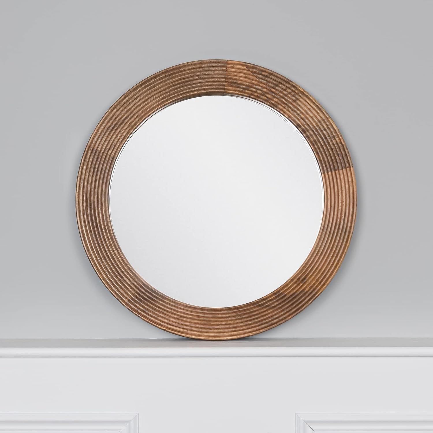 Modern Line Carved Round Wall Mirror 24 Inch Diameter, Bedroom Mirrors for Wall Decor, Decorative Round Wood Wall Mirror Living Room or Bathroom Vanity, Natural