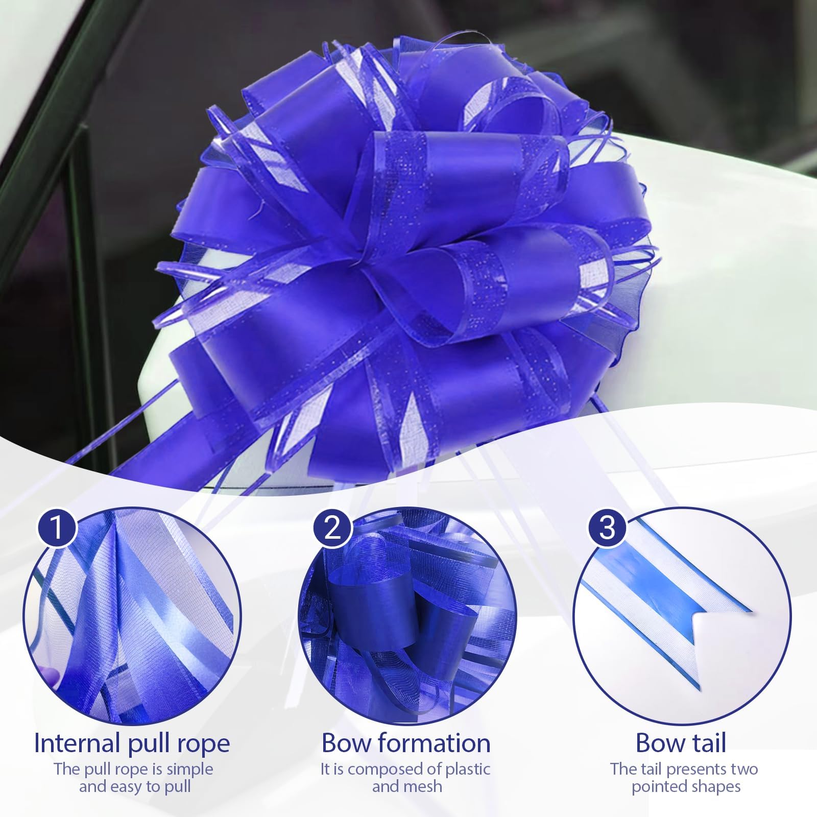 Nœud Cadeau Bleu Grand 25cm - Ruban à Tirer Manuellement pour Emballage Mariage Anniversaire Noël