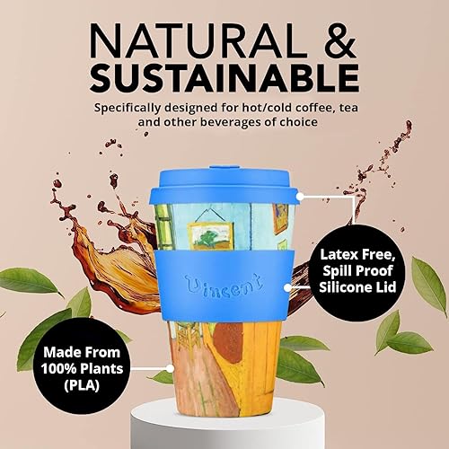 Miniatura 4 de Ecoffee Cup Taza de café 100% a base de plantas de la colección Van Gogh de 14 onzas, reutilizable, ecológica, con tapa y funda de silicona, sin