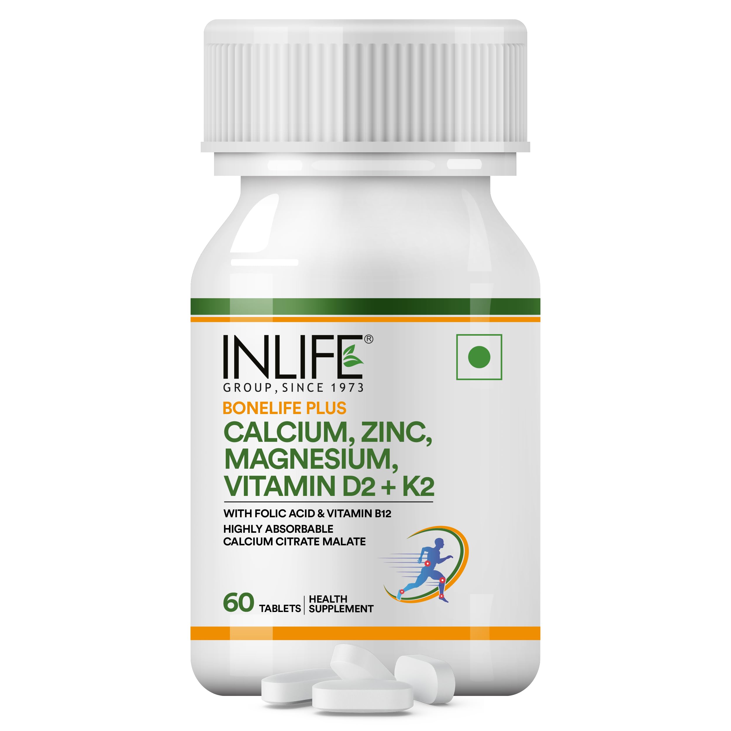 INLIFE Calcium Magnesium Zinc, Vitamin D2 K2 MK7 B12 Folic Acid, Citrate Malate Form, Bone Muscle & Joint Health, 60 Tablets (Pack of 1, 60)