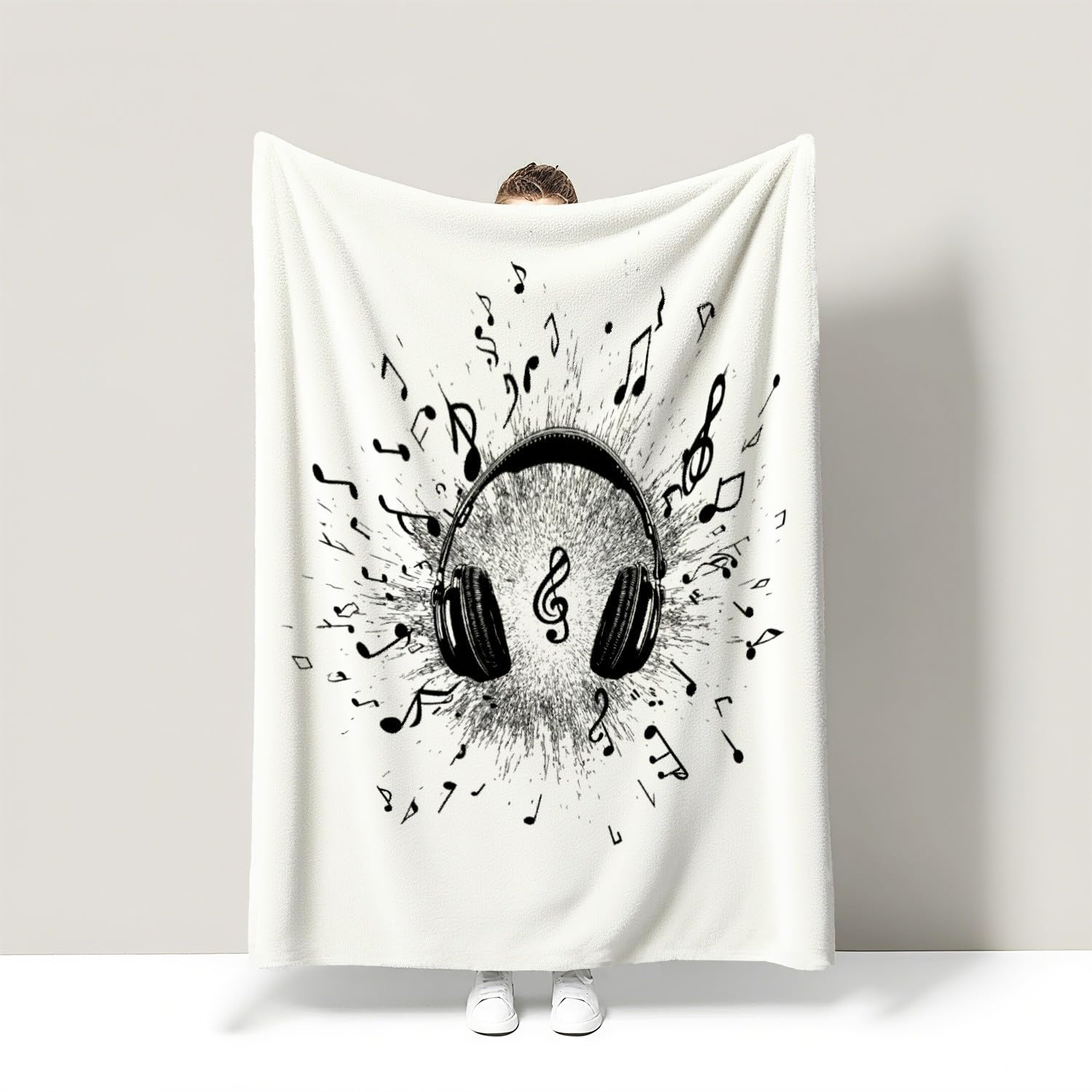 Genérico Manta de Franela Manta de Cama de Doble Cara y Extra Gruesa Frazada de Sofá Ligera y Suave al Tacto Mullida y Térmica 200 x 240 cm Genial Música Auriculares Negro
