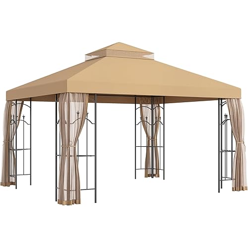 Outsunny 10' x 12' Patio Gazebo with Corner Frame Shelves, Double Roof Outdoor Gazebo Canopy Shelter with Netting for Patio, Wedding, Catering & Events, Brown
