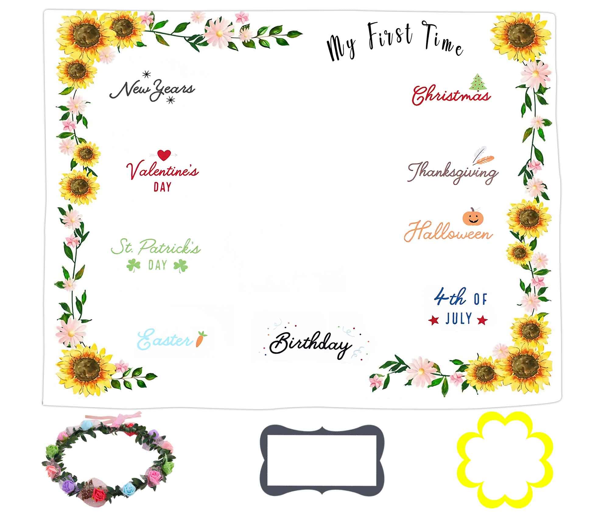 Baby Monthly Milestone Blanket – Plush Sunflower Background For Photos, 1-12 Months, Includes Wreath & Frames