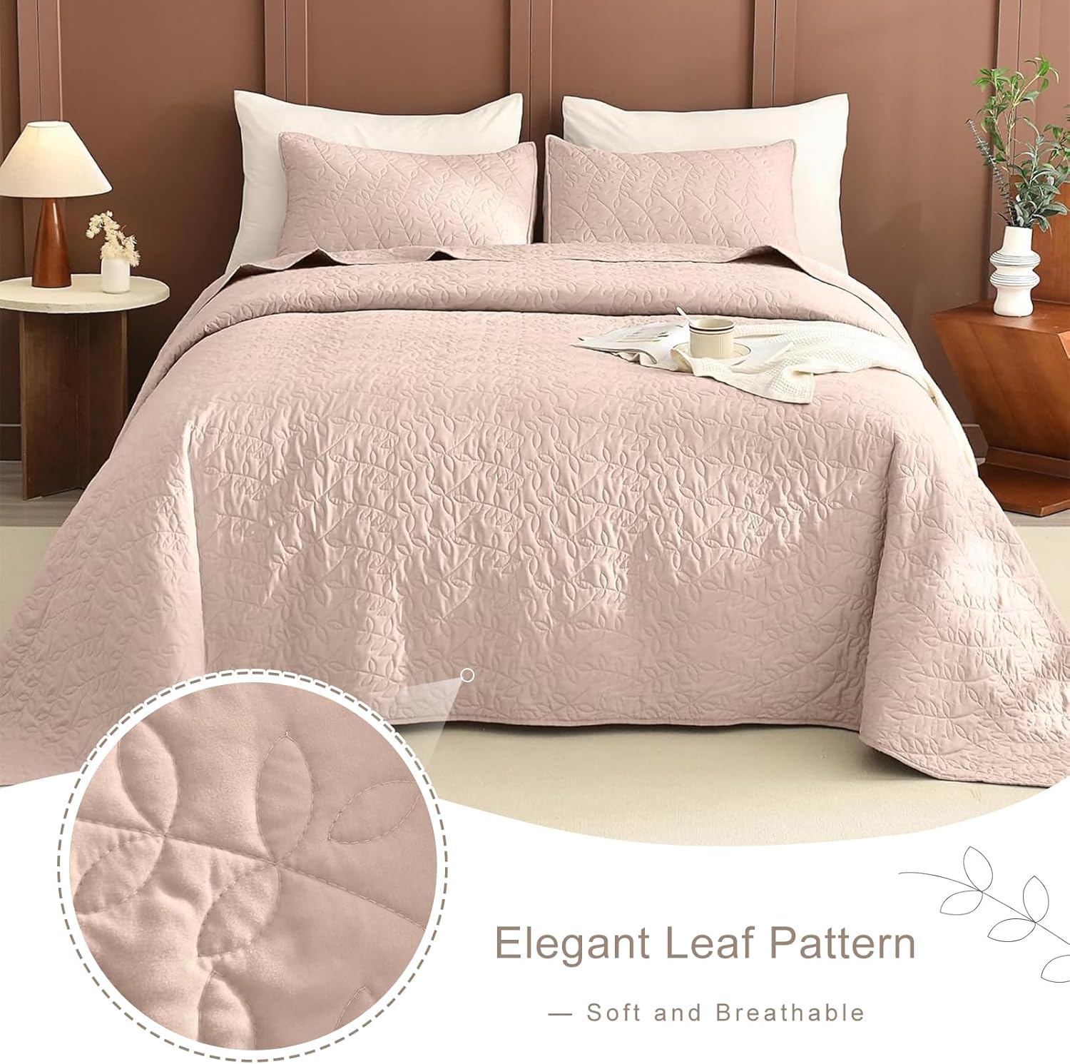 Lady Ann Oversized King Quilt 128x120,Camel Oversized King Bedspread with Leaves Pattern,3 Piece Lightweight Ultra Soft Farmhouse California King Coverlet Set for Extra Large Bed - Image 7