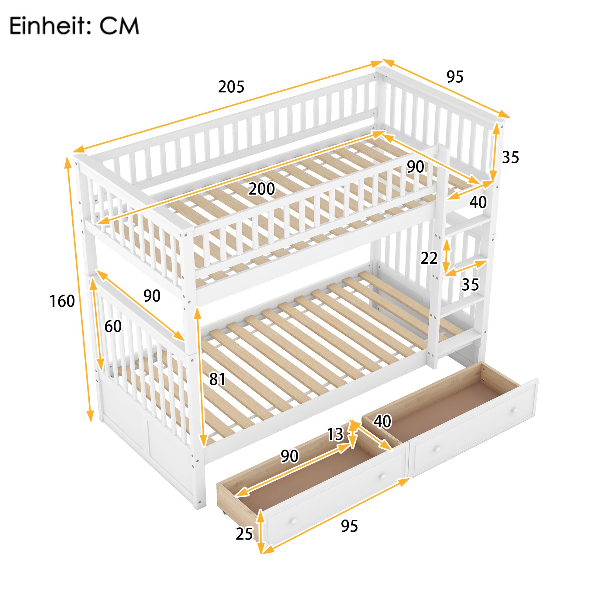 Kehun Kinderbett Etagenbett 90x200 für 2 Kinder, Hochbett Holzbett mit Stauraum Schubladen und rausfallschutz, Cabrio Funktionelle Bett mit lattenrost und Leiter, Jugendbett, Weiß, ohne Matratze