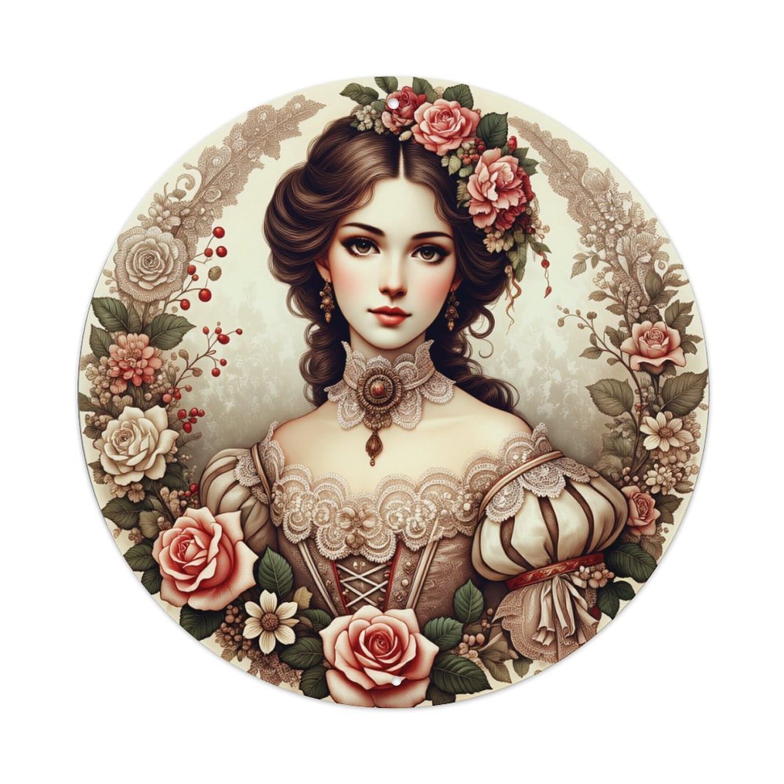 Floral Lace Vintage Rose Portrait Round Tin Sign Vintage Metal Poster, Home Bar Garage Man Cave Cafe Indoor & Outdoor Wall Decoration 8x8Inches