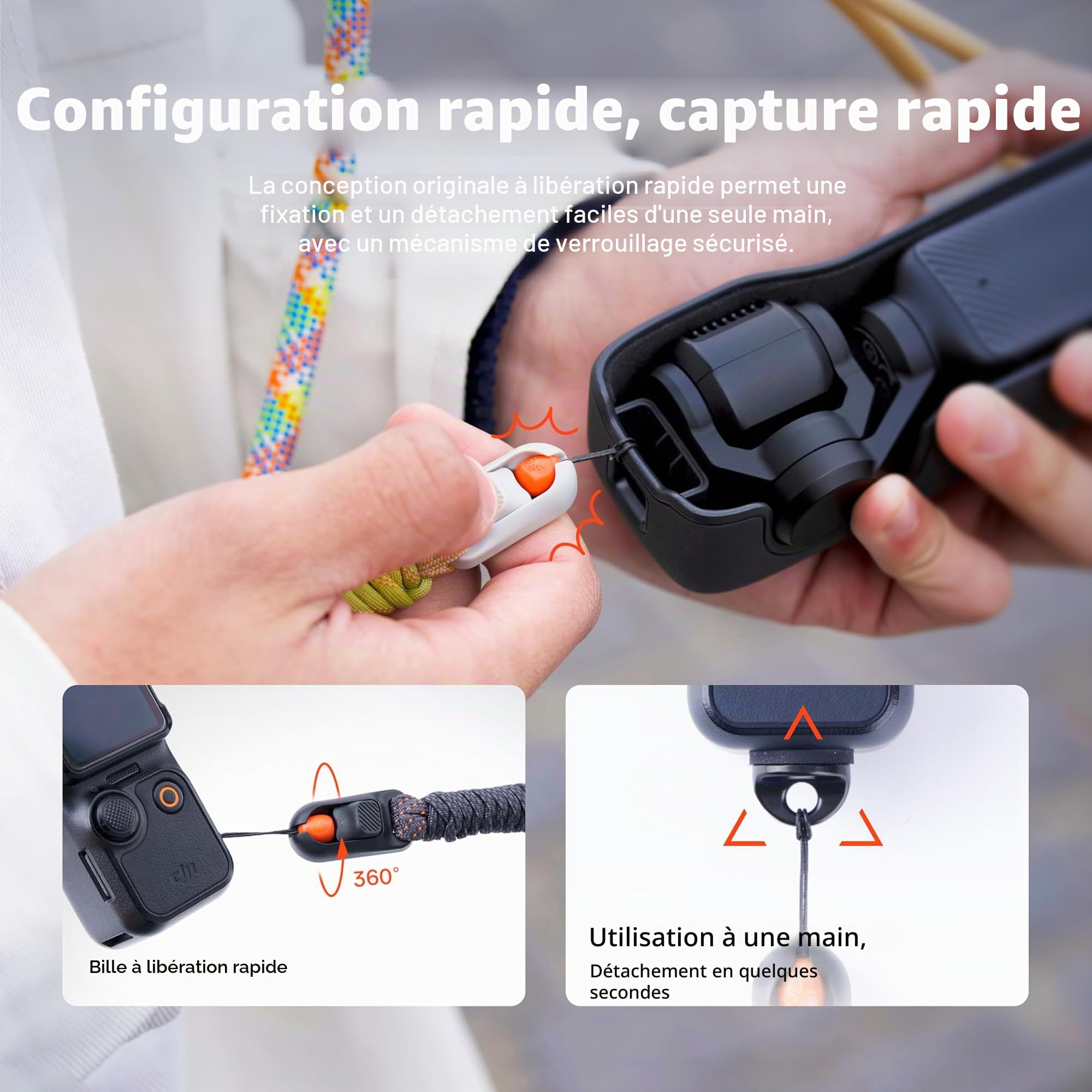 PGYTECH Bandoulière pour DJI Osmo Pocket 3, 2-en-1 Sangle de Cou et Dragonne avec Système de Libération Rapide Mini, Cordon Tressé à la Main Haute Résistance, Charge Max 10kg, Réglable, Refined Style