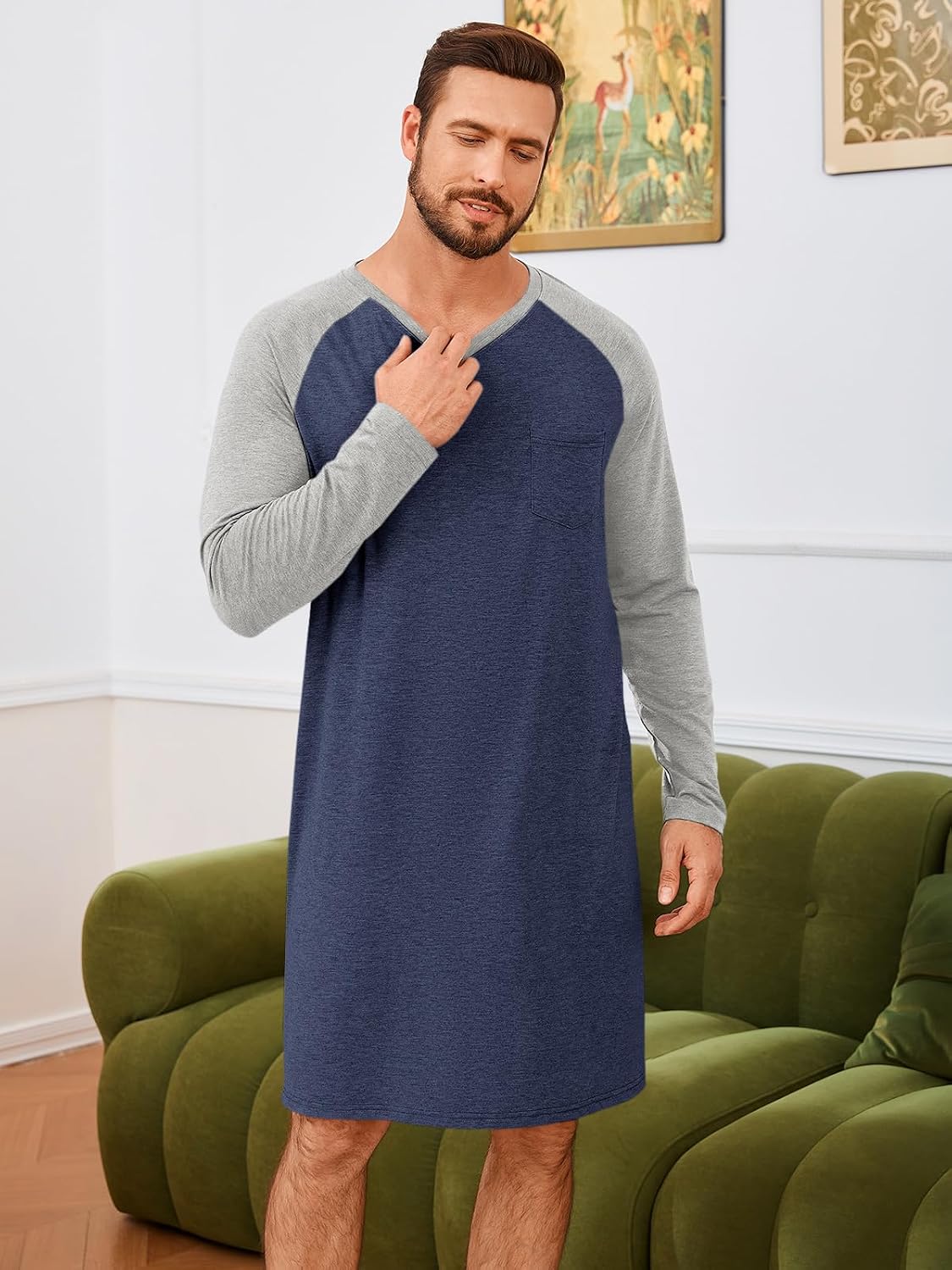Runcati Mens Nightshirt Long Sleeve V Neck Nightgown Comfy Big & Tall Lounge Pajama Sleepwear Sleep Shirt