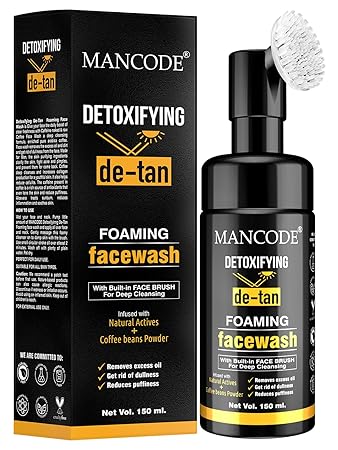 Man Code De-Tan Foam Face Wash With Built in Face Brush Detoxifying Removes Excess Oil & Tanned Skin Reduces Dullness and Puffiness No Paraben Sulphate Silicone 150 ml Face Wash for Men (Pack of 1)
