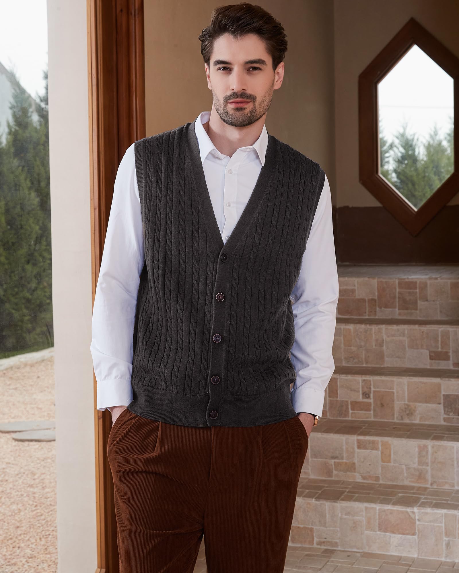 Kallspin Maglione Cardigan da Uomo con Scollo a V e Lavorazione a Cavo con Bottoni in Misto Lana