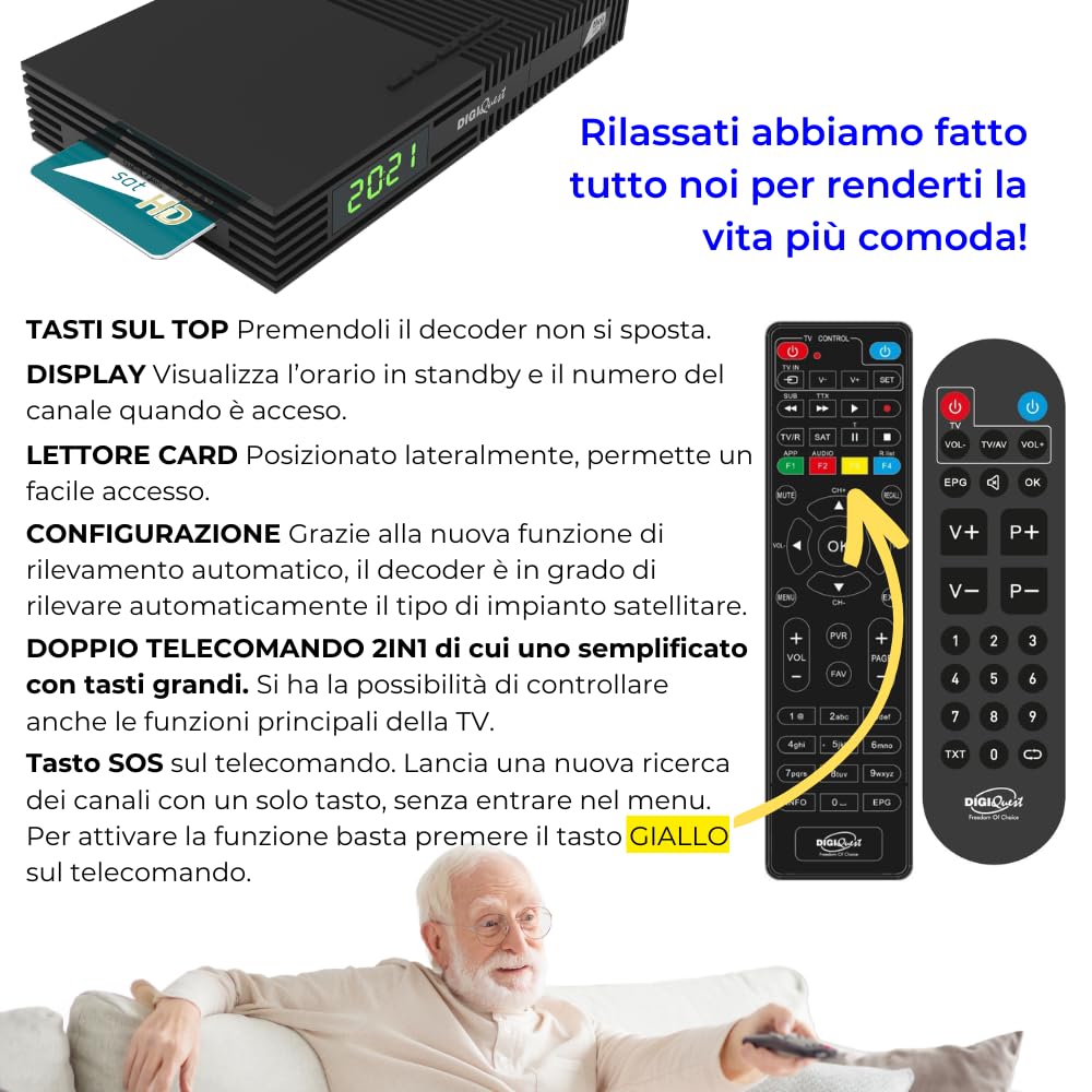 DIGIQUEST Décodeur Tivùsat Ti9, DVB-S2 | VOITURE INSTALLANTE | Double télécommande 2 en 1 dont une avec grandes touches | Carte intelligente Tivùsat incluse | HDR |Fonction d'enregistrement activable