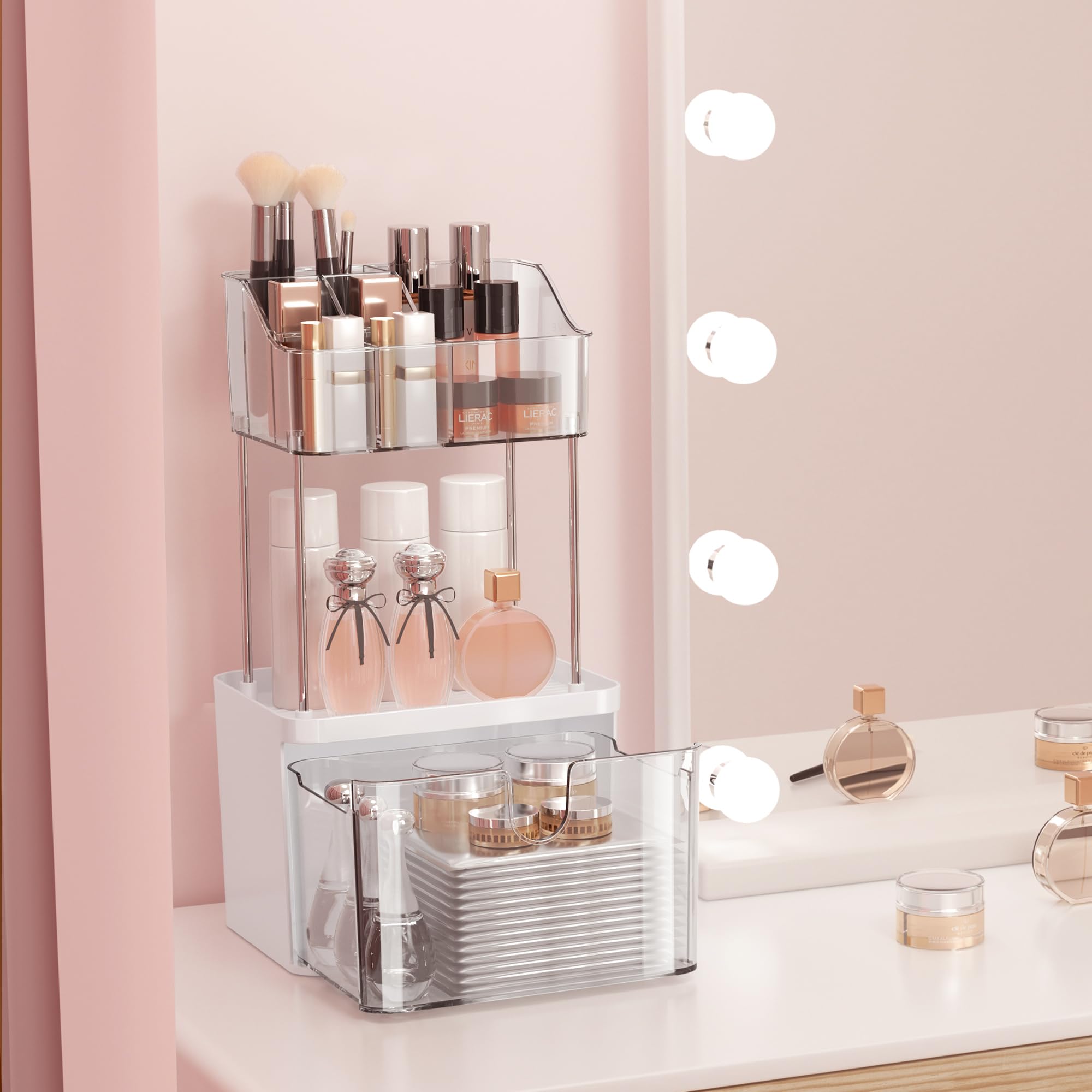 DOADW Small Bathroom Countertop Organizer with Drawer - 3 Tier Makeup Organizer for Vanity - Medium Clear Multi-Purpose Makeup Skin Care Organizer