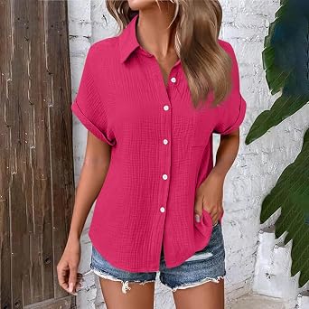 Blouses for Women Dressy Casual Collared Button Down Shirts Roll Short Sleeve Tops Loose Tunic Summer Work Shirt