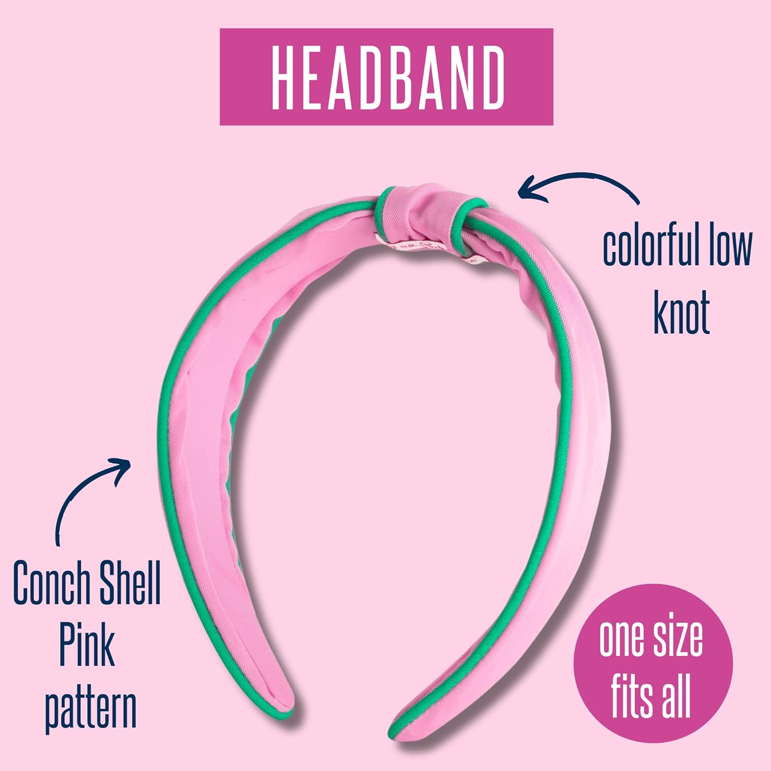 Lilly Pulitzer Pink and Green Low Knot Headband for Women, Colorful Knotted Headband, Cute Hair Accessories for Women, Conch Shell Pink