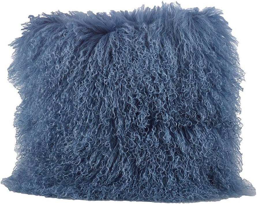 Cobalt Blue Color Real Mongolian Lamb Fur Pillow, Filled. 20 Inch Square