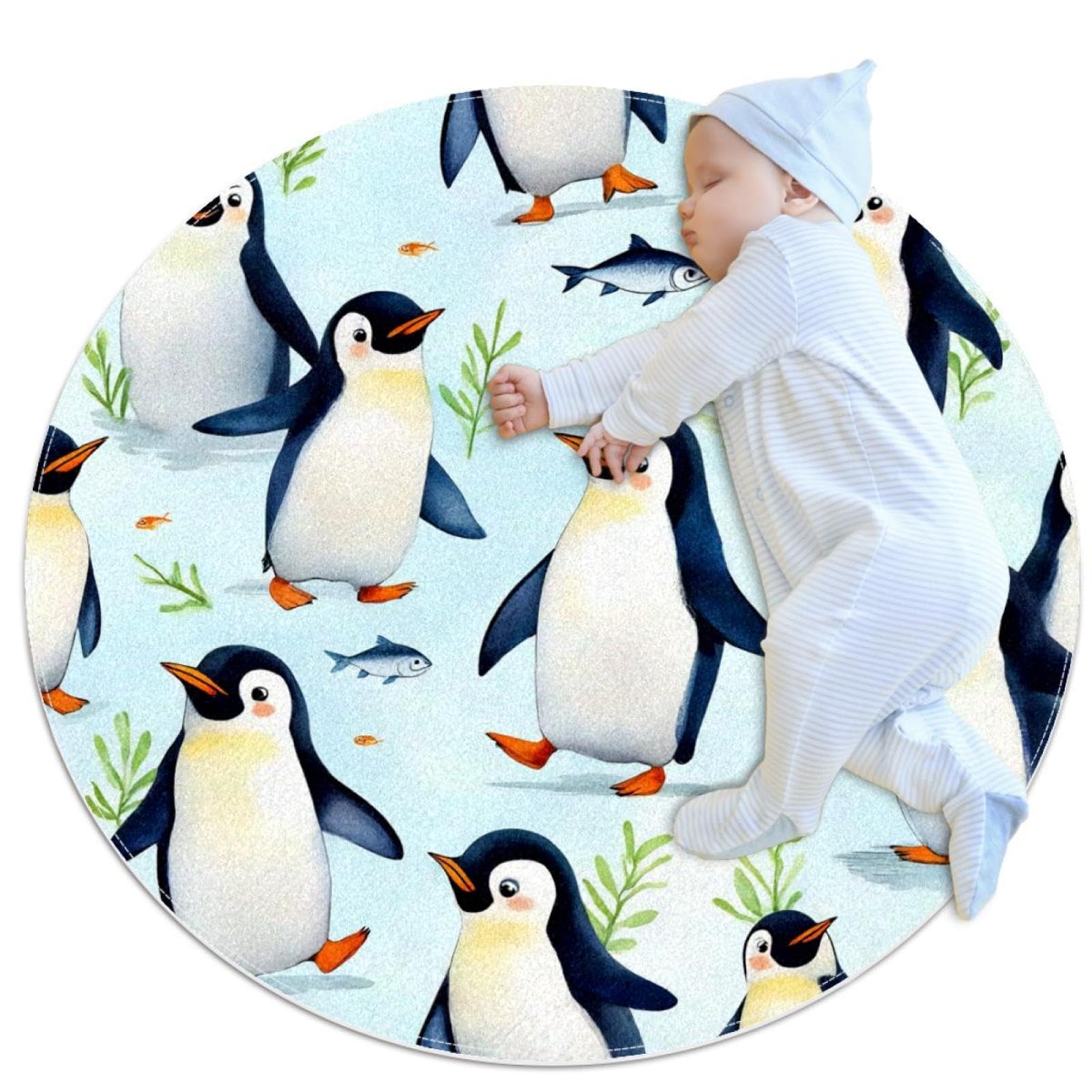 Tapis de salle de bain rond de 1m motif pingouins et poissons antidérapant pour enfant