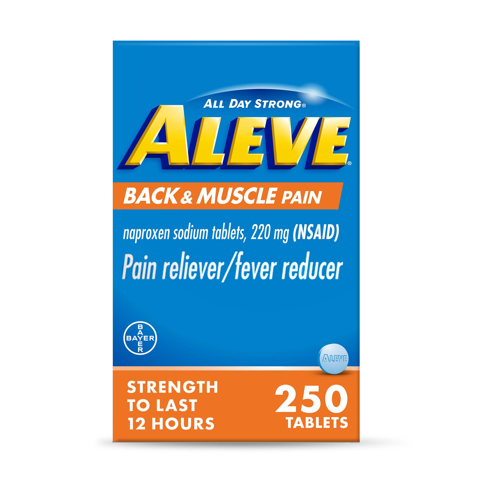 Aleve Back & Muscle Pain Relief Naproxen Sodium Tablets, Pain Reliever & Fever Reducer, Medicine for Body , 250 Count